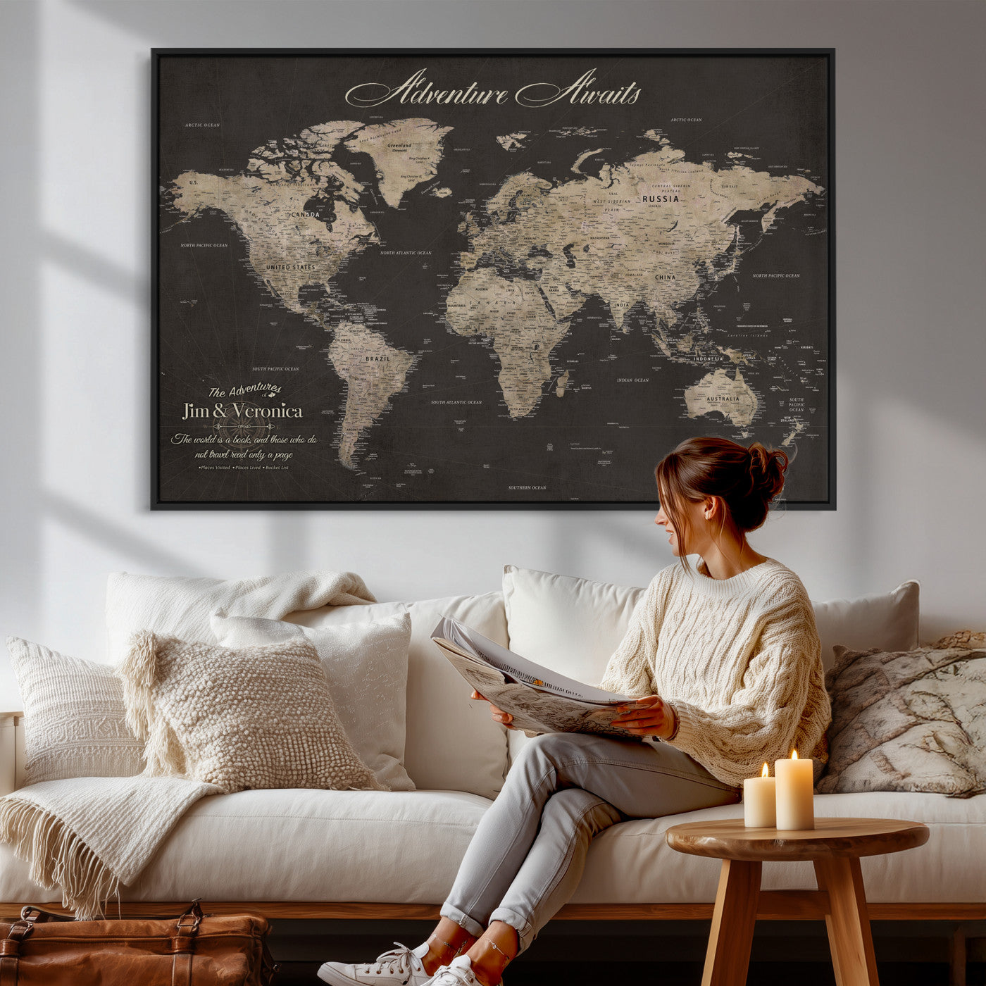 56556018136C-MGV-CV-36X24 - Custom World Map with Pins Canvas Wall Art Dark Charcoal Antique Tan Detailed Every Country Labeled Framed Large for Home Office Living Room Bedroom Decor