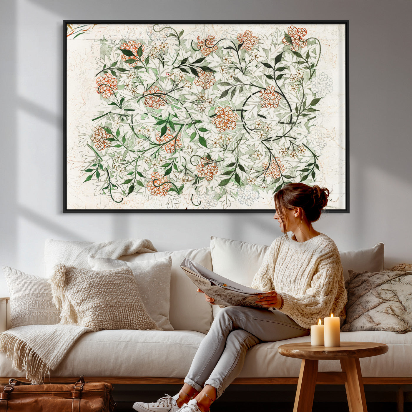 17622011W-MGV-CV-36X24 - William Morris Jasmine Flower Wall Art Canvas Print, Botanical Floral Canvas Print, Vintage Cottagecore Wall Decor, Framed Nature Artwork Ready to Hang