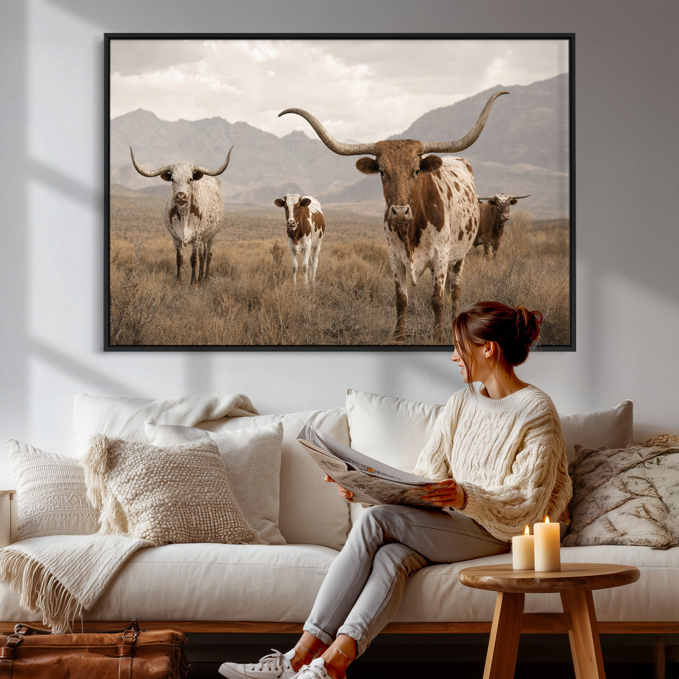 62336425AD-MGV-CV-36X24 - Rustic Texas Longhorn Cow Canvas Wall Art Print, Rustic Farm Animal Photography Print, Farmhouse Country Decor, Western Ranch Art