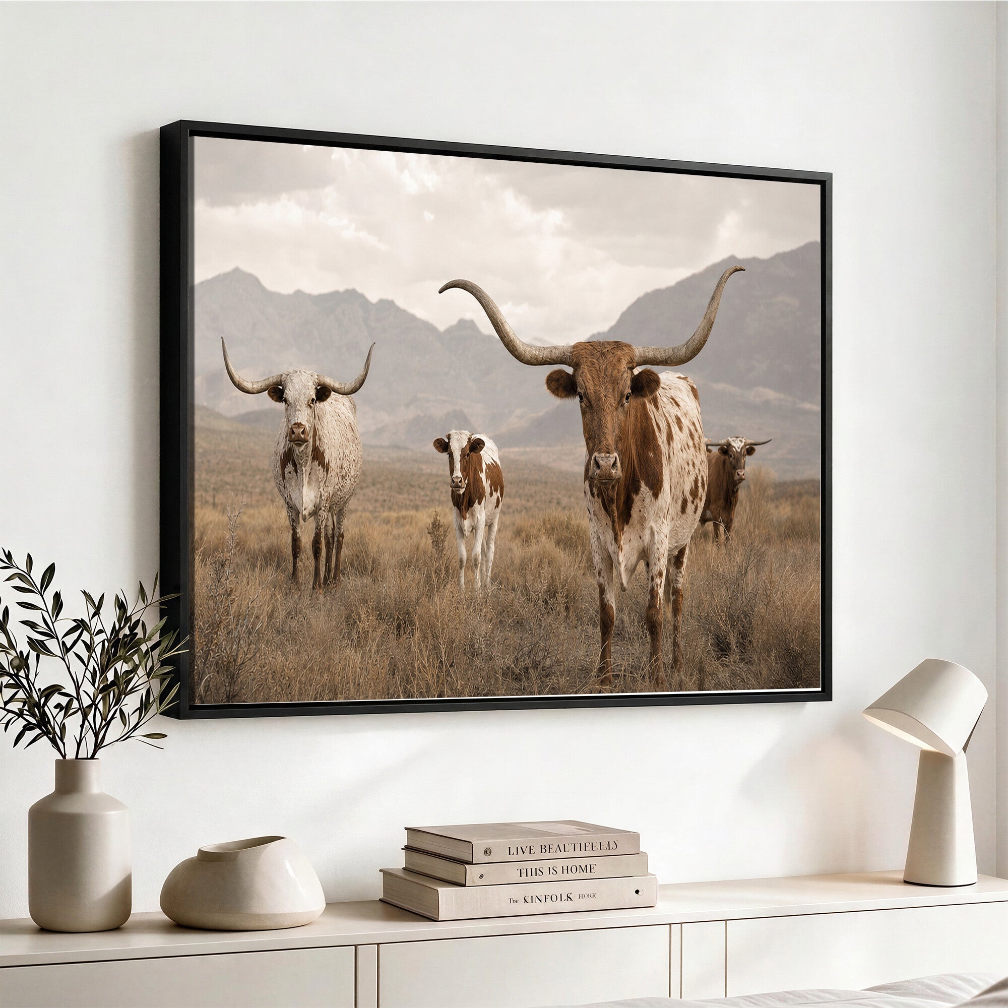 62336425AD-MGV-CV-36X24 - Rustic Texas Longhorn Cow Canvas Wall Art Print, Rustic Farm Animal Photography Print, Farmhouse Country Decor, Western Ranch Art