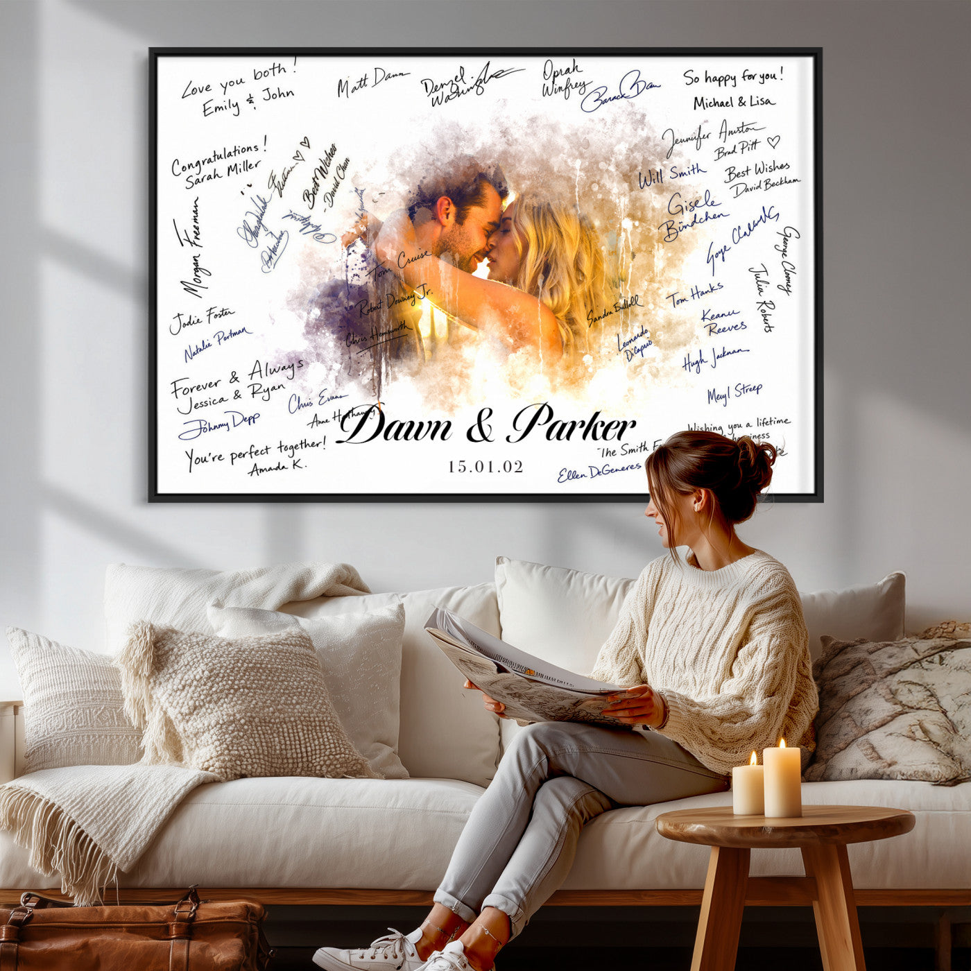 74713307-MGV-CV-36X24 - Wedding Guest Book Alternative Wall Art Canvas Print, Personalized Wedding Signature Poster, Custom Couple Photo Guestbook Canvas, Bridal Shower Reception Decor