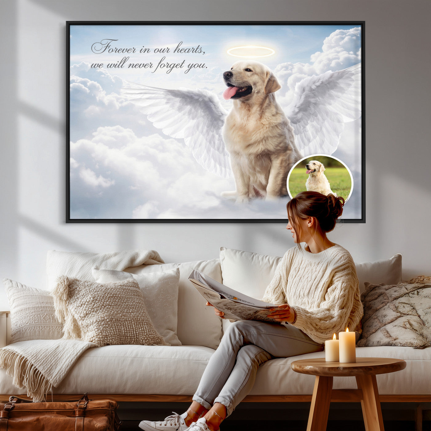 62795455-MGV-CV-36X24 - Pet Memorial Wall Art Canvas Print, Custom Dog Memorial Portrait, Personalized Angel Pet Loss Gift, Angel Wings Puppy Print