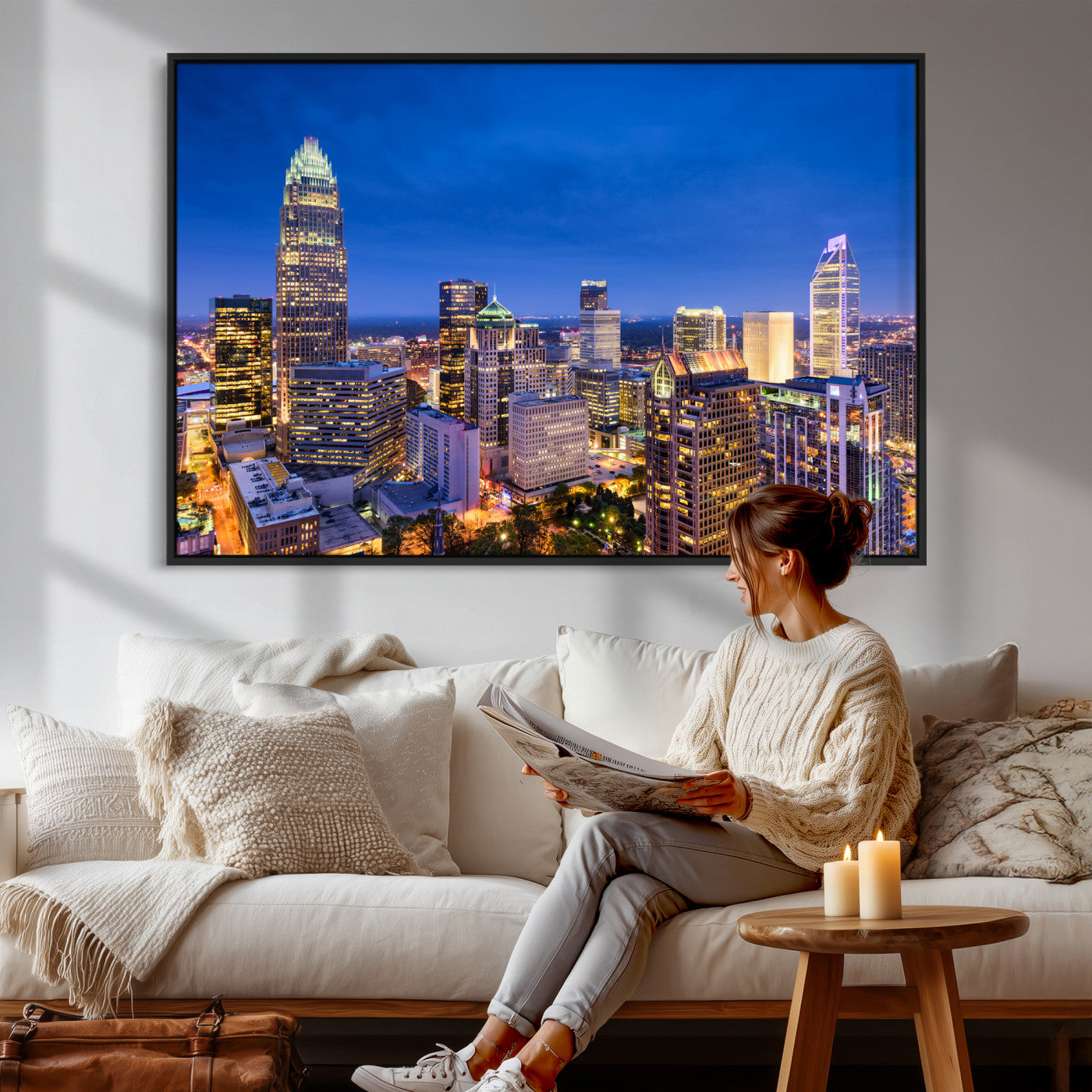 74382190-MGV-CV-36X24 - Charlotte Skyline Canvas Wall Art Print – North Carolina Cityscape Photography Print