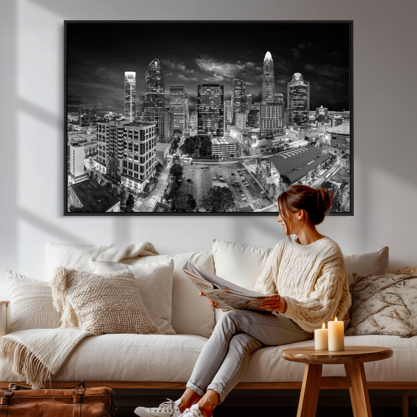 60105075-MGV-CV-36X24 - Charlotte Skyline Canvas Wall Art Print – North Carolina Cityscape Photography Print