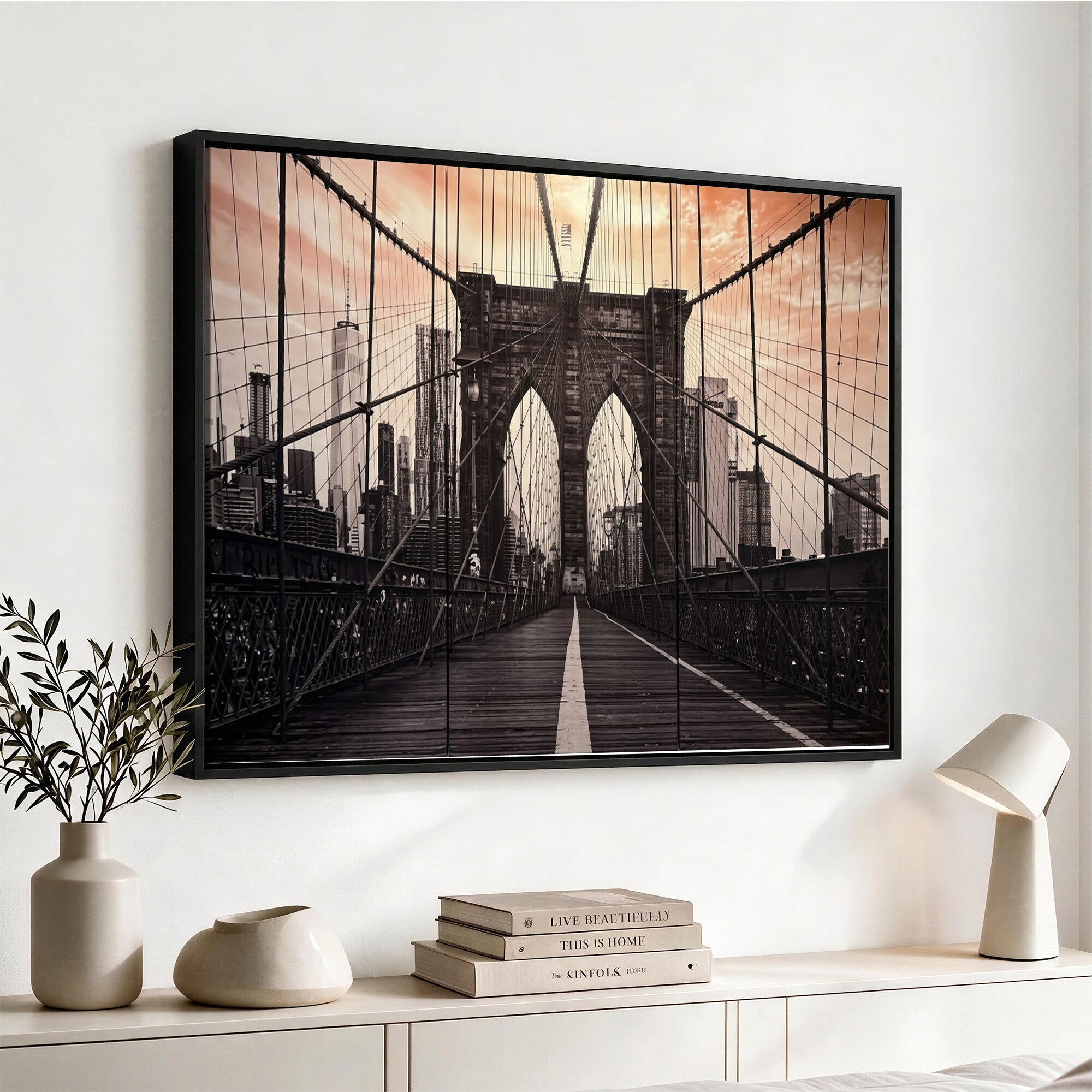 93226664-MGV-CV-36X24 - Brooklyn Bridge Canvas Wall Art, New York City Skyline Photography Print, NYC Landmark Urban Decor Artwork