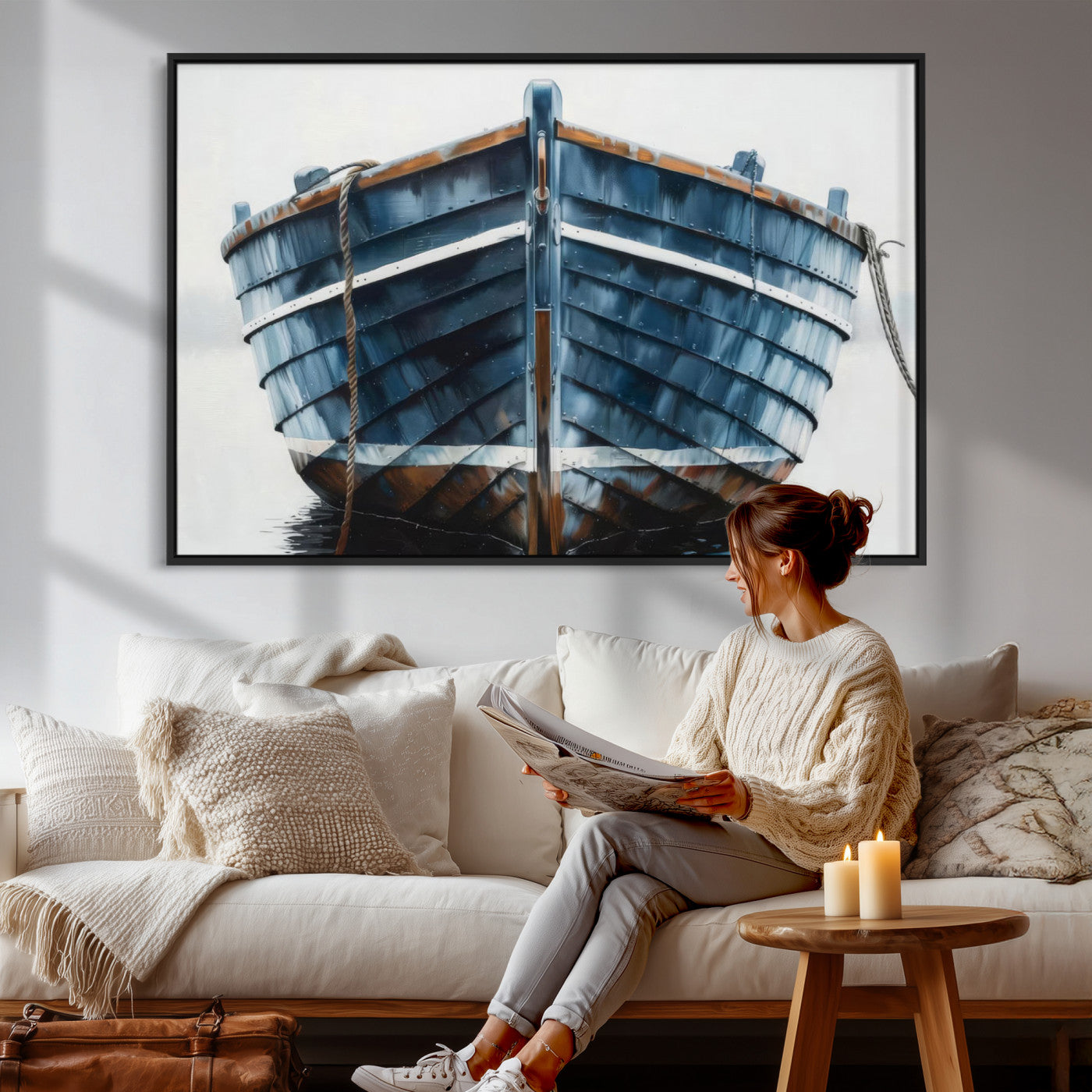 21601740-MGV-CV-36X24 - Blue Wooden Rowboat Canvas Wall Art, Coastal Nautical Boat Painting Print for Lake Beach House Decor, Minimalist Maritime Decor Artwork