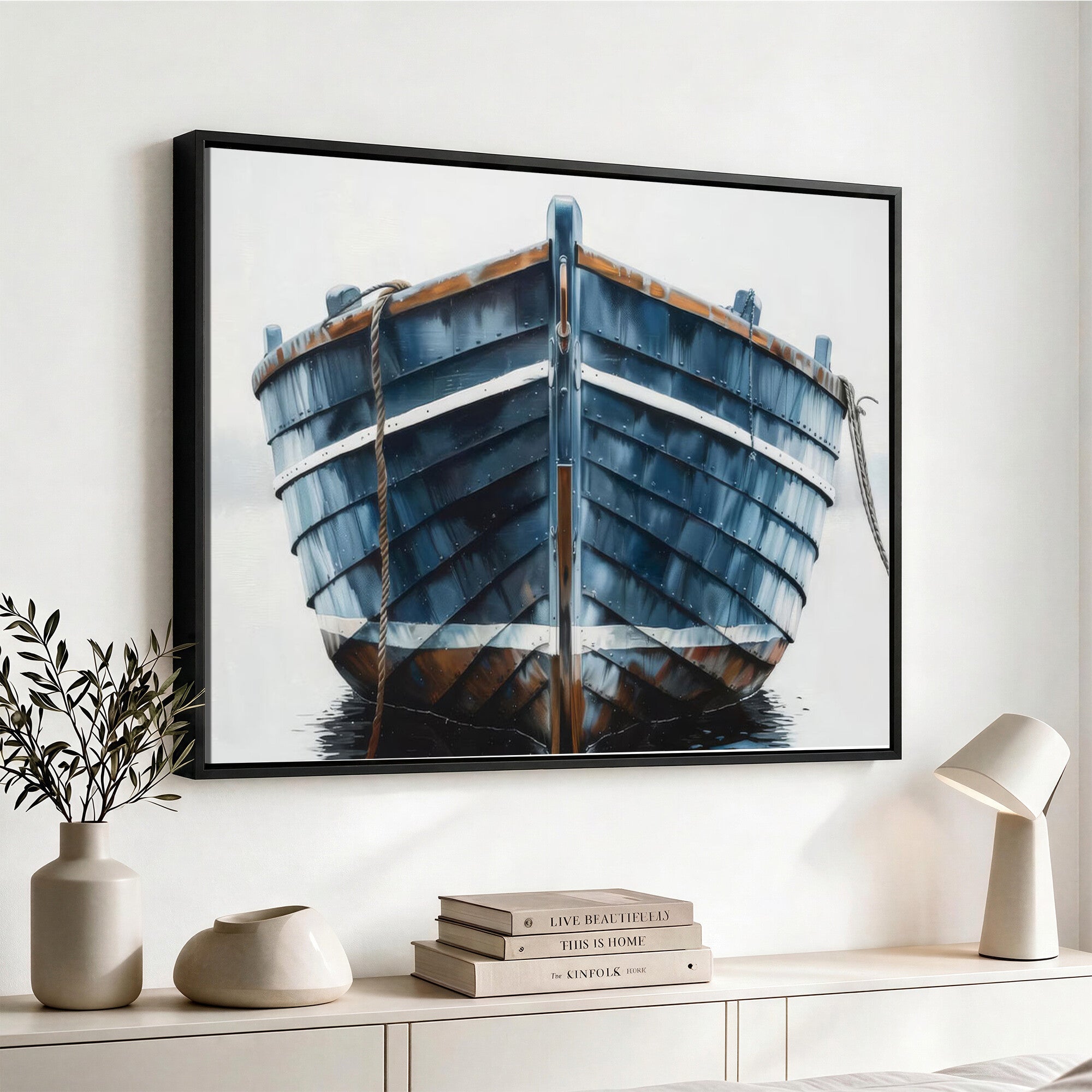 21601740-MGV-CV-36X24 - Blue Wooden Rowboat Canvas Wall Art, Coastal Nautical Boat Painting Print for Lake Beach House Decor, Minimalist Maritime Decor Artwork