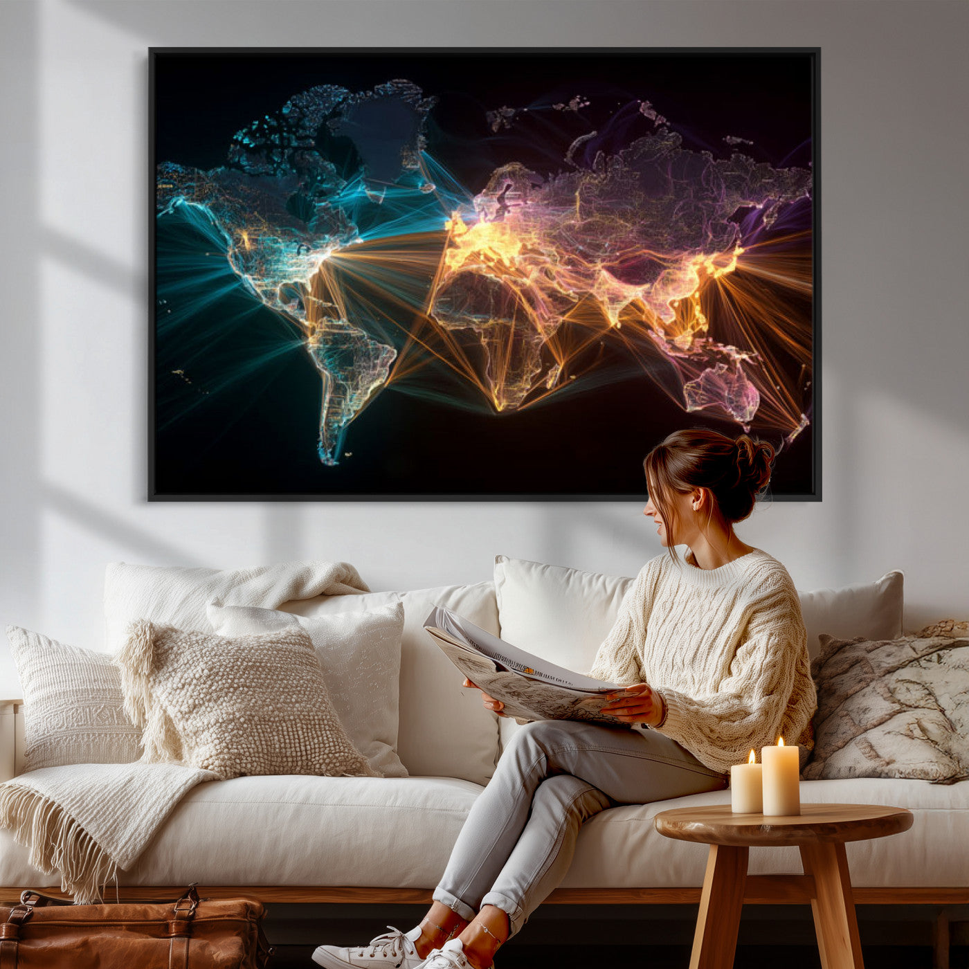 14891737-MGV-CV-36X24 - World Map and Global Flight Routes Map Canvas Wall Art, Worldwide Aviation Network Print, International Air Travel Wall Decor