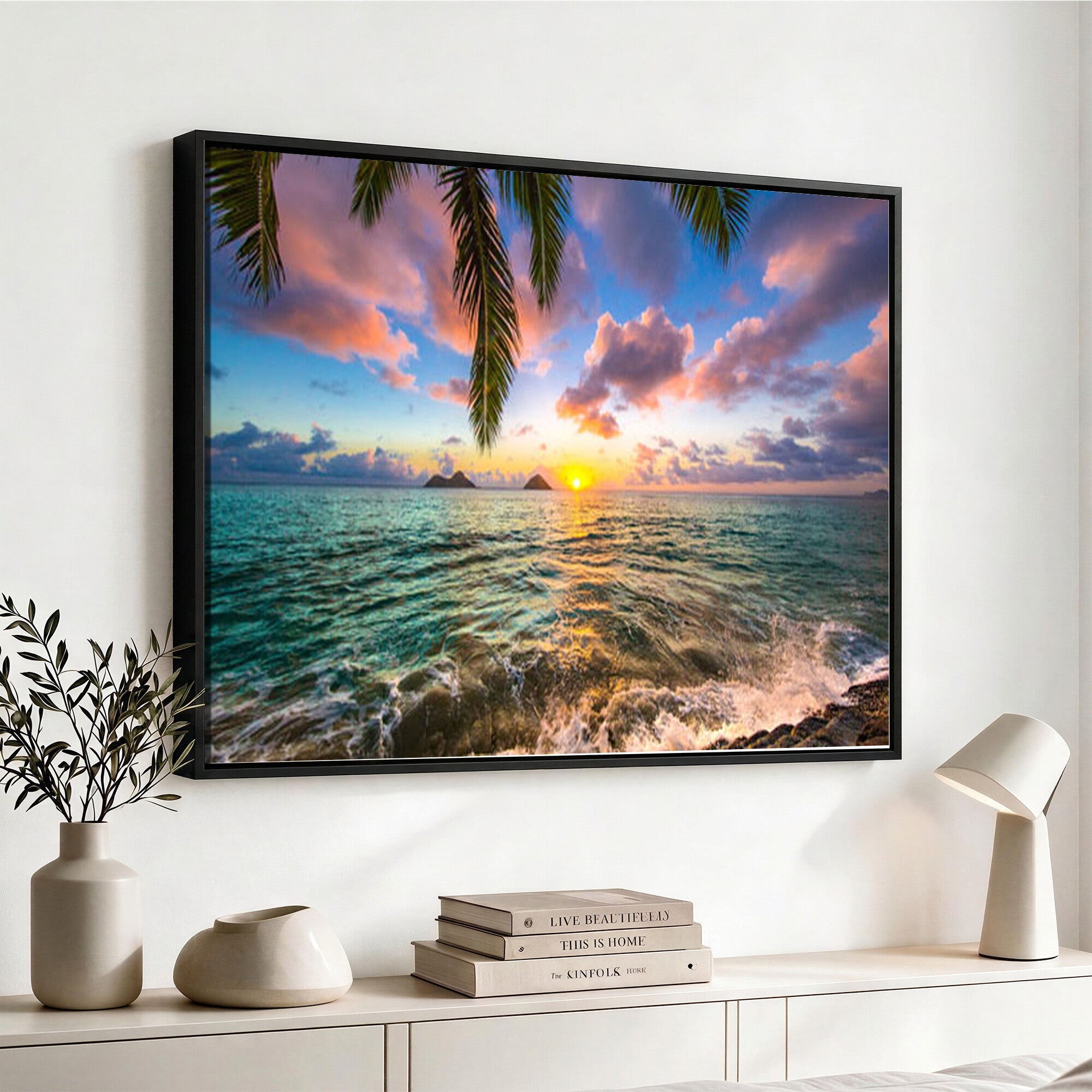 13207742-MGV-CV-36X24 - Hawaii Beach Sunset Canvas Wall Art Print, Tropical Ocean Landscape Artwork, Palm Tree Coastal Decor for Living Room Bedroom