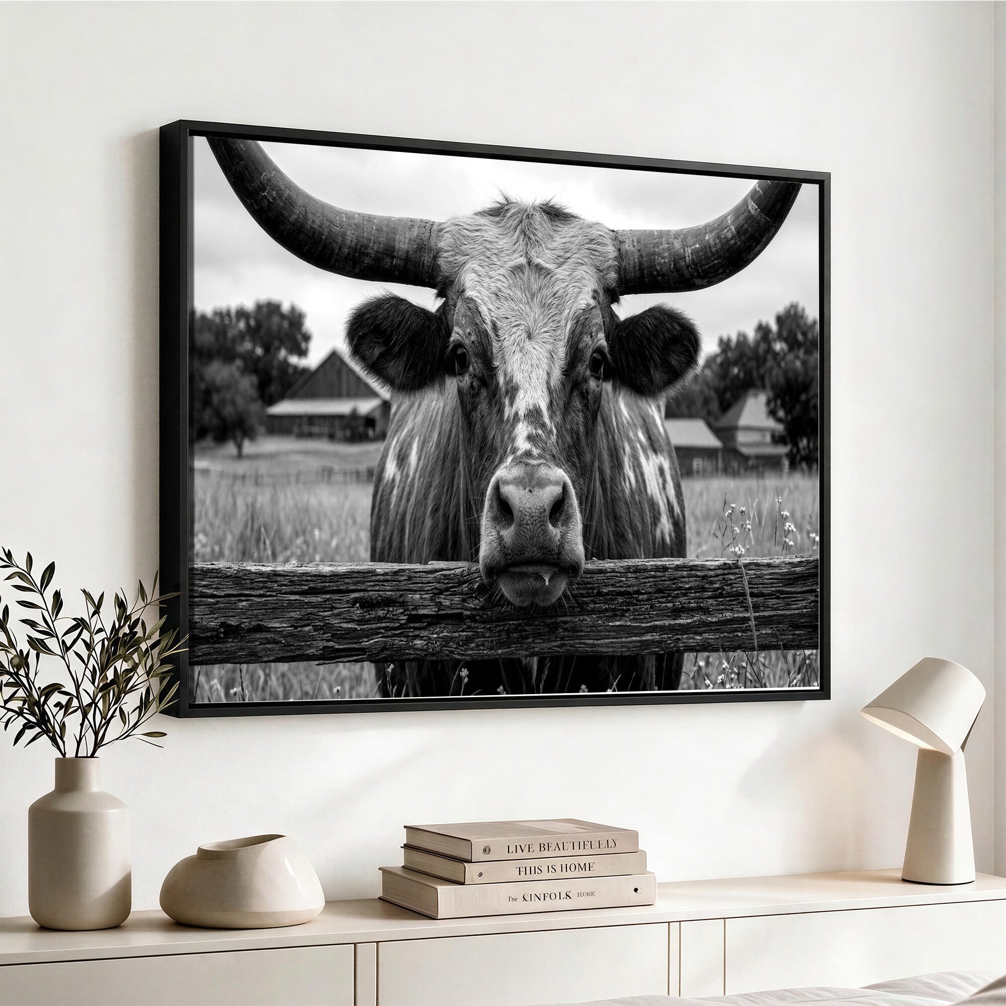 59378683B-MGV-CV-36X24 - Black White Texas Longhorn Bull Canvas Wall Art, Western Ranch Cattle Photography Print, Rustic Farmhouse Cowboy Decor Artwork