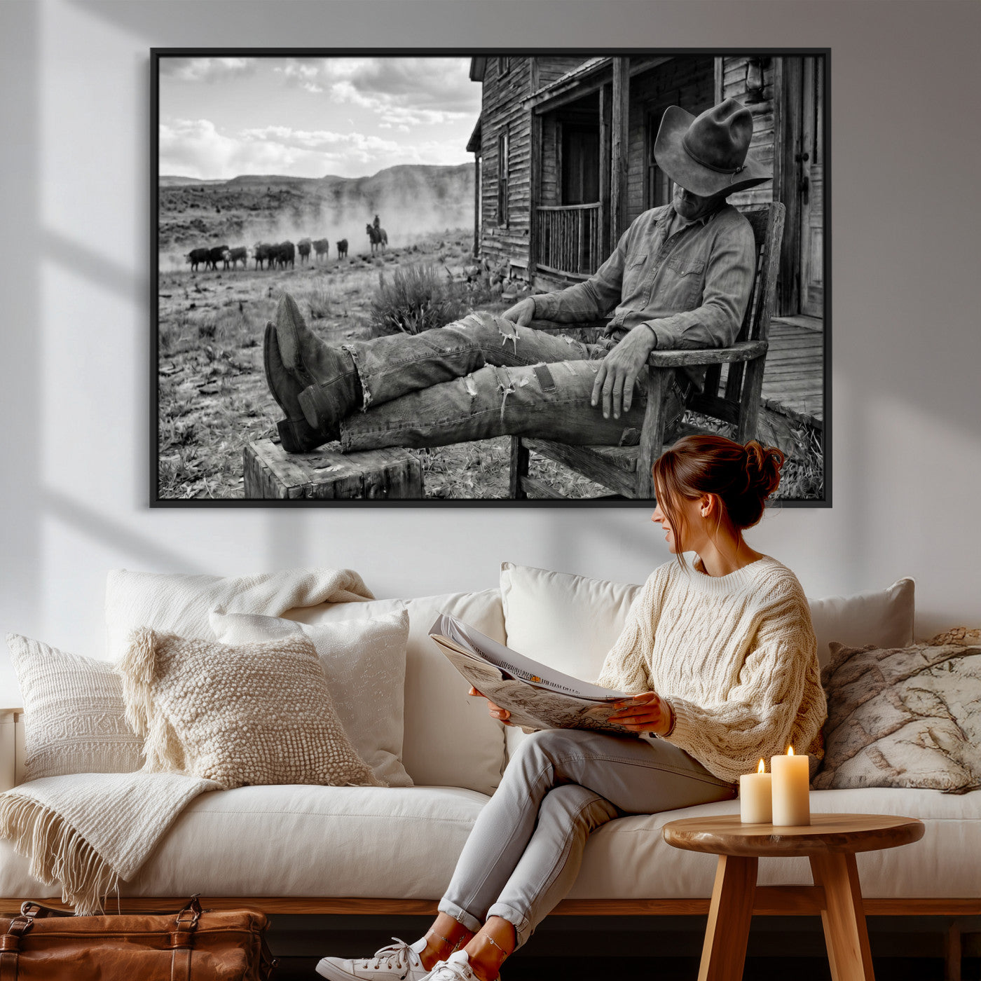 94461975S-MGV-CV-36X24 - Vintage Sleeping Cowboy Wall Art Canvas Print, Western Home Decor