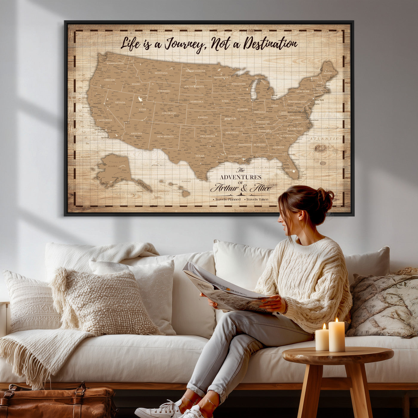 19102499-MGV-CV-36X24 - Personalized USA Push Pin Travel Map, Custom United States Map, Push Pin Map, USA Bucket List Map, Anniversary Gift, Couple Travel Map Wall Art