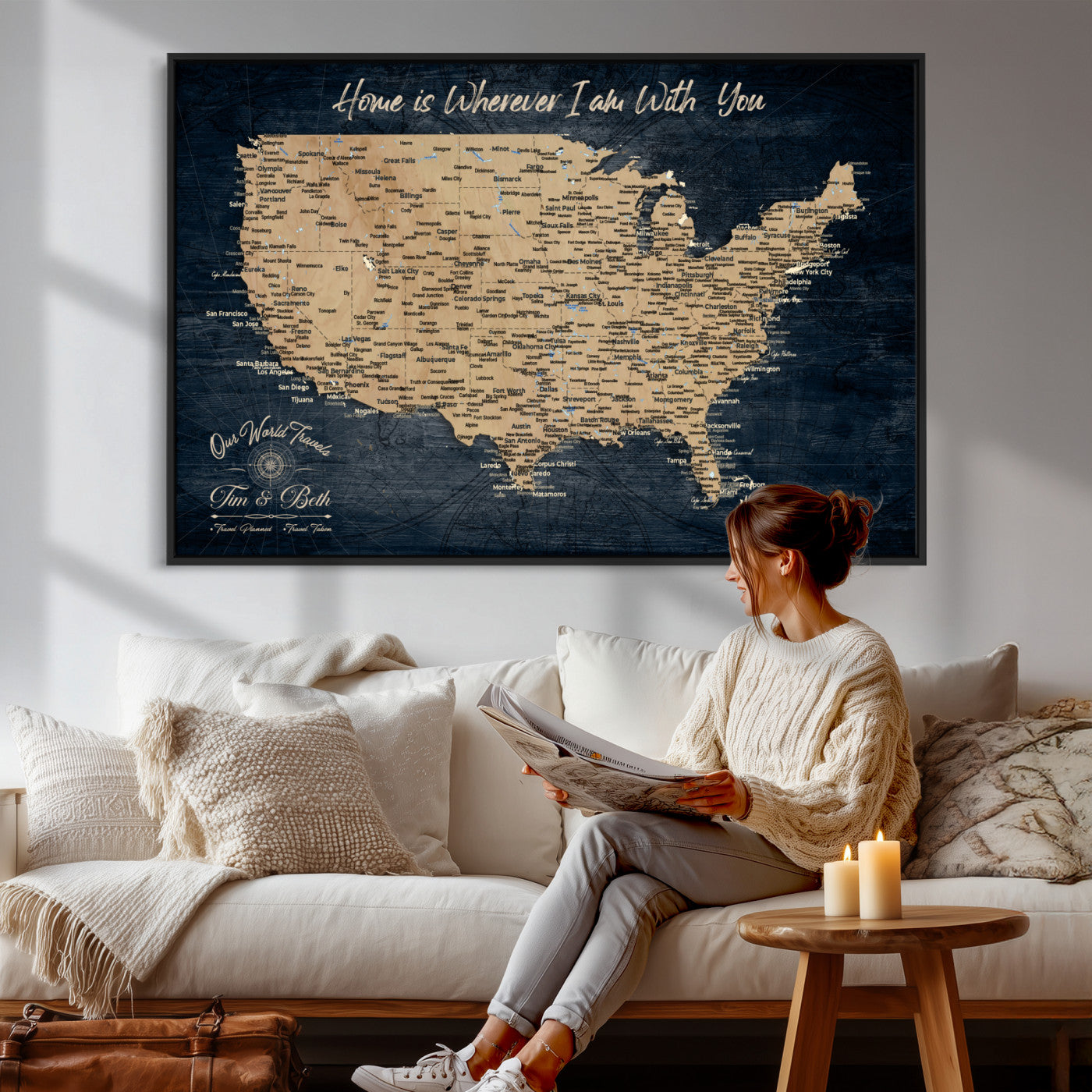 48467834-MGV-CV-36X24 - Custom Push Pin US Map Canvas | Personalized Travel Tracker | USA Cities Map Anniversary Gift for Couples | Adventure America Map Wall Art with Pins