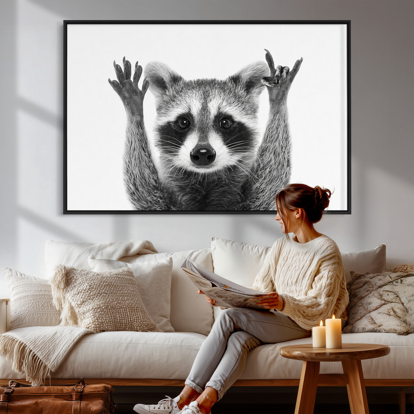 82392228-MGV-CV-36X24 - Funny Raccoon Canvas Wall Art, Black White Hands Up Animal Photo Print, Humorous Wildlife Decor, Kids Room Nursery Art, Quirky Animal Gift