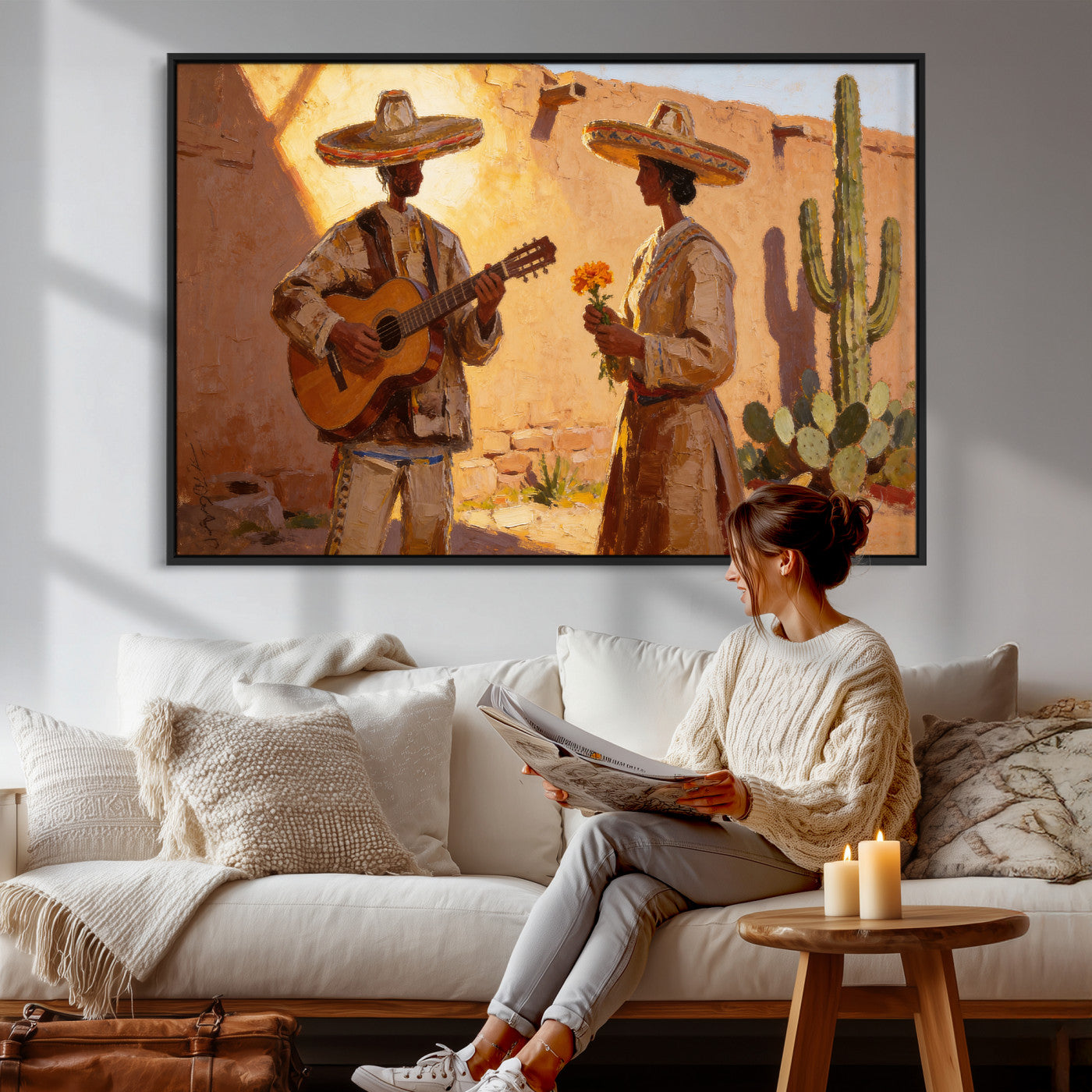 41849005-MGV-CV-36X24 - Mexican Couple Canvas Wall Art, Romantic Serenade Guitar Painting Print, Southwestern Desert Adobe Decor, Warm Golden Folk Art, Living Room Art