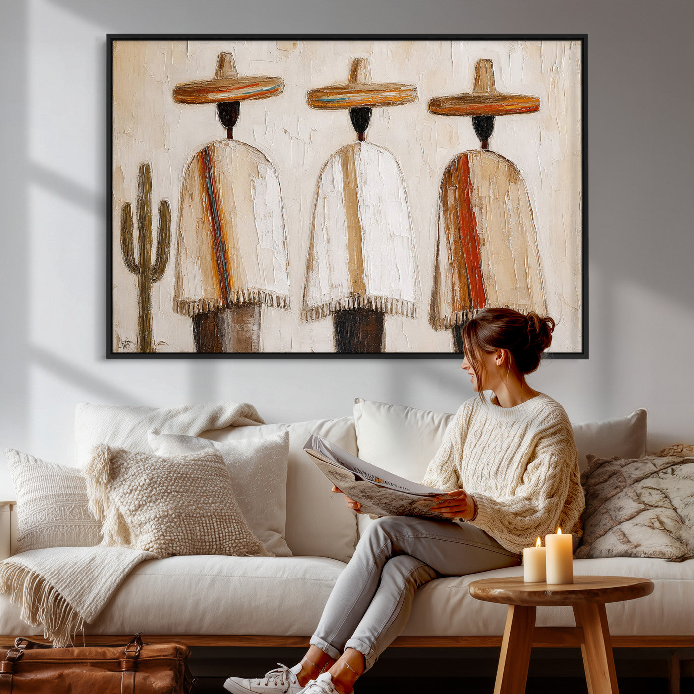 72884785-MGV-CV-36X24 - Mexican Folk Art Canvas Wall Art, Southwestern Sombrero Poncho Painting, Neutral Earthy Boho Decor, Fiesta Living Room Art, Impasto Style Print