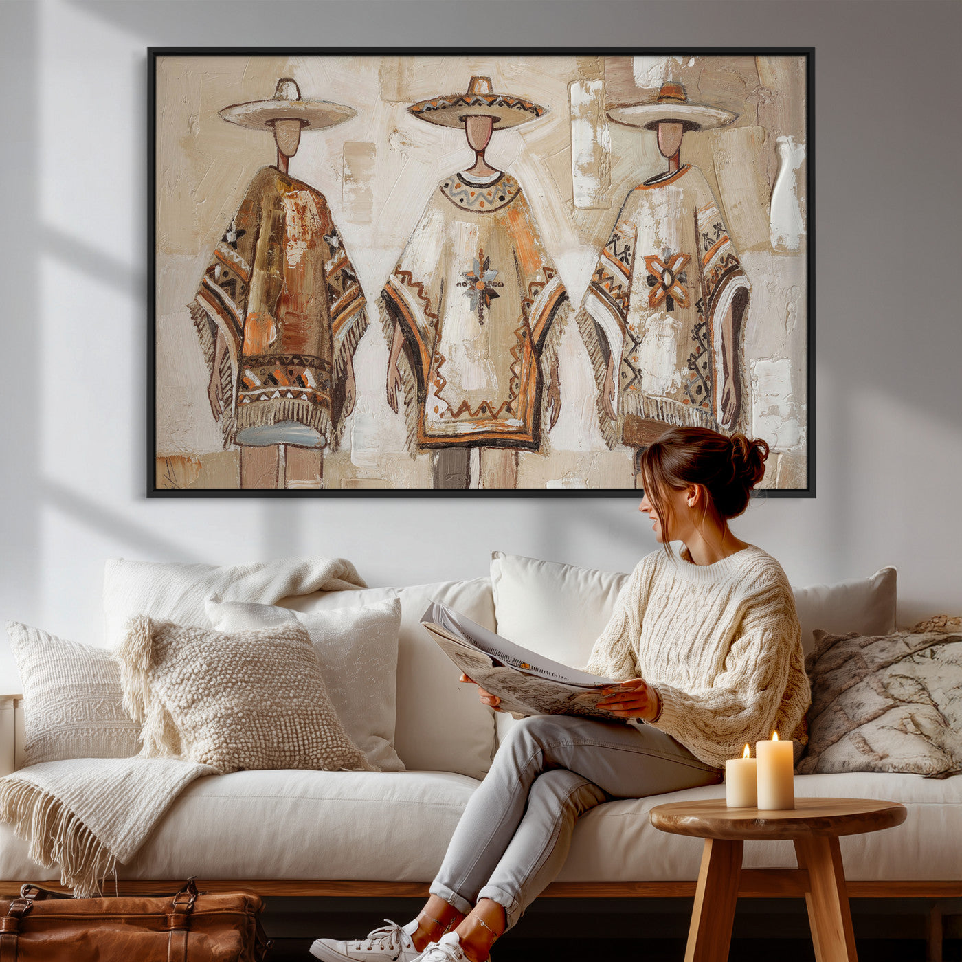 85373290-MGV-CV-36X24 - Mexican Folk Art Canvas Wall Art, Charro Poncho Sombrero Painting Print, Neutral Beige Boho Decor, Southwestern Impasto Style, Living Room Art