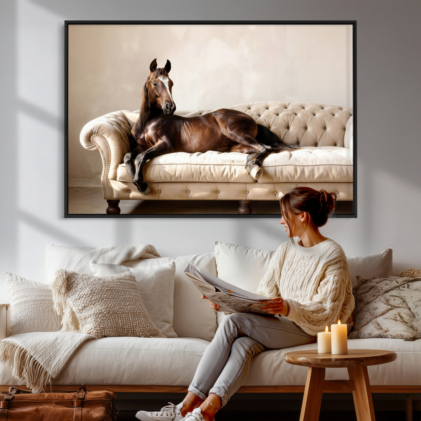 17716841-MGV-CV-36X24 - Funny Horse on Sofa Canvas Wall Art, Quirky Horse Lounging Photo Print, Whimsical Animal Decor, Living Room Conversation Art, Horse Lover Gift