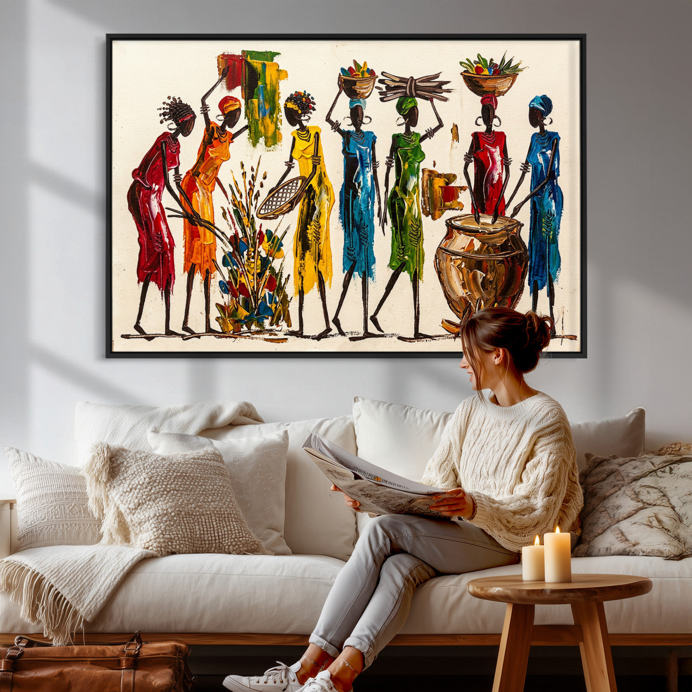 83463154-MGV-CV-36X24 - African Folk Art Canvas Wall Art, Colorful African Women Village Painting Print, Tribal Ethnic Home Decor, Vibrant African Art, Living Room
