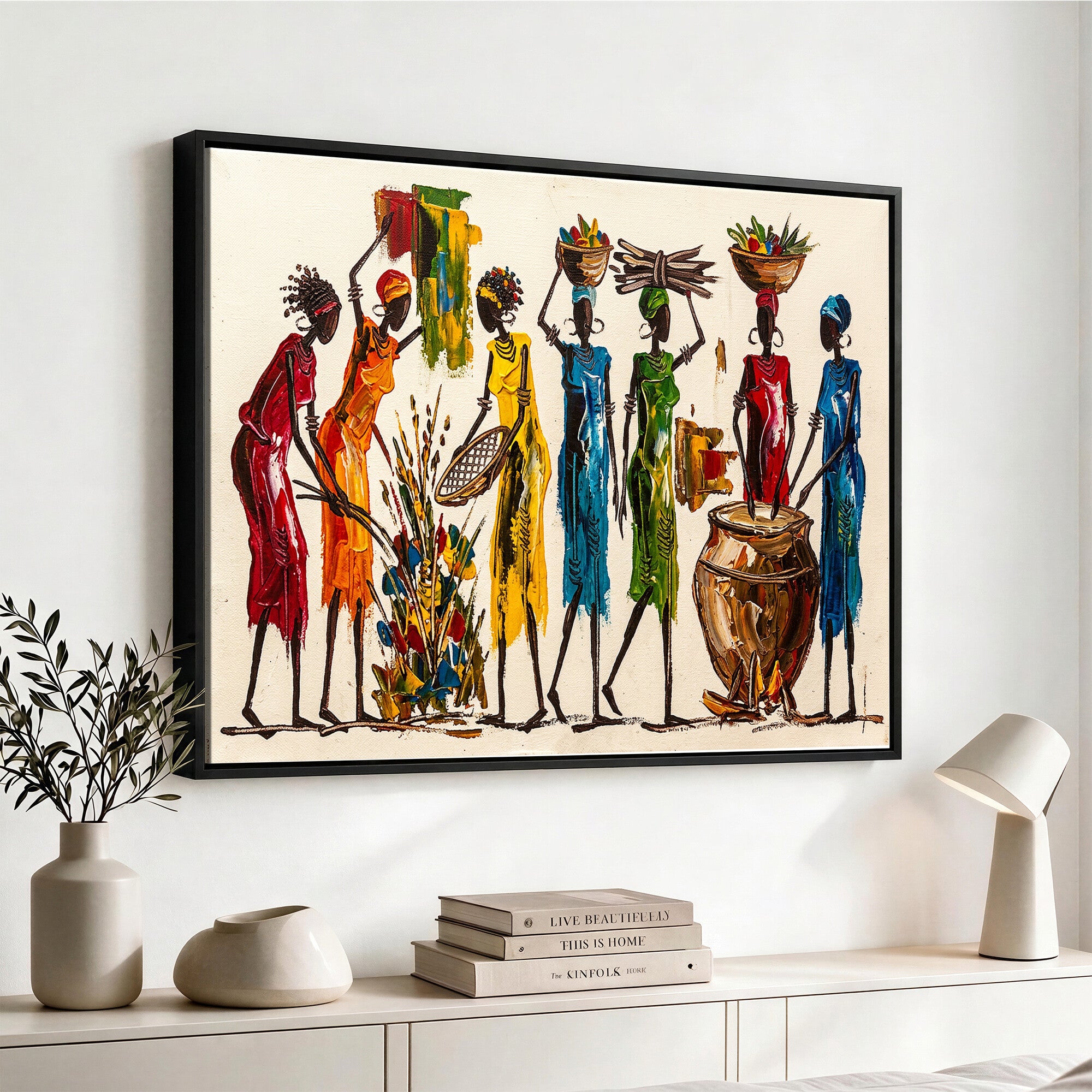 83463154-MGV-CV-36X24 - African Folk Art Canvas Wall Art, Colorful African Women Village Painting Print, Tribal Ethnic Home Decor, Vibrant African Art, Living Room