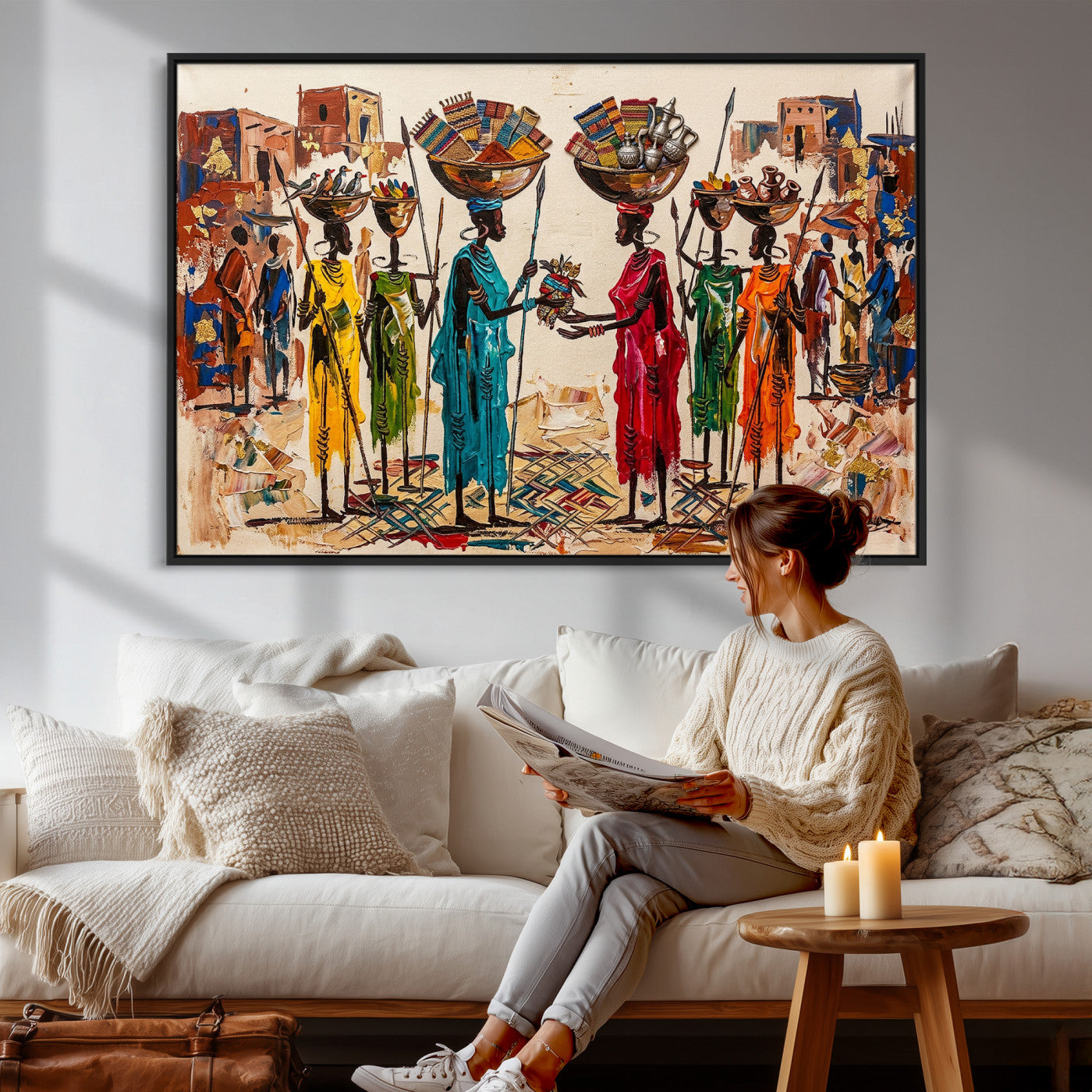 54818657-MGV-CV-36X24 - African Folk Art Canvas Wall Art, Colorful African Women Village Painting Print, Tribal Ethnic Home Decor, Vibrant African Art, Living Room