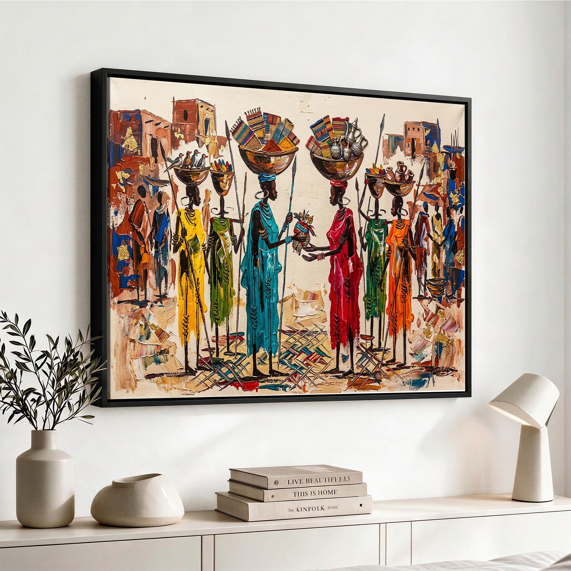 54818657-MGV-CV-36X24 - African Folk Art Canvas Wall Art, Colorful African Women Village Painting Print, Tribal Ethnic Home Decor, Vibrant African Art, Living Room
