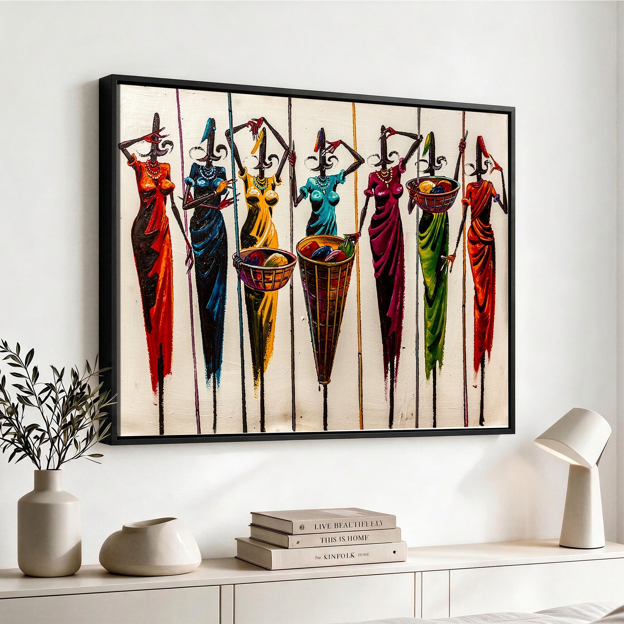53545627-MGV-CV-36X24 - African Folk Art Canvas Wall Art, Colorful African Women Village Painting Print, Tribal Ethnic Home Decor, Vibrant African Art, Living Room