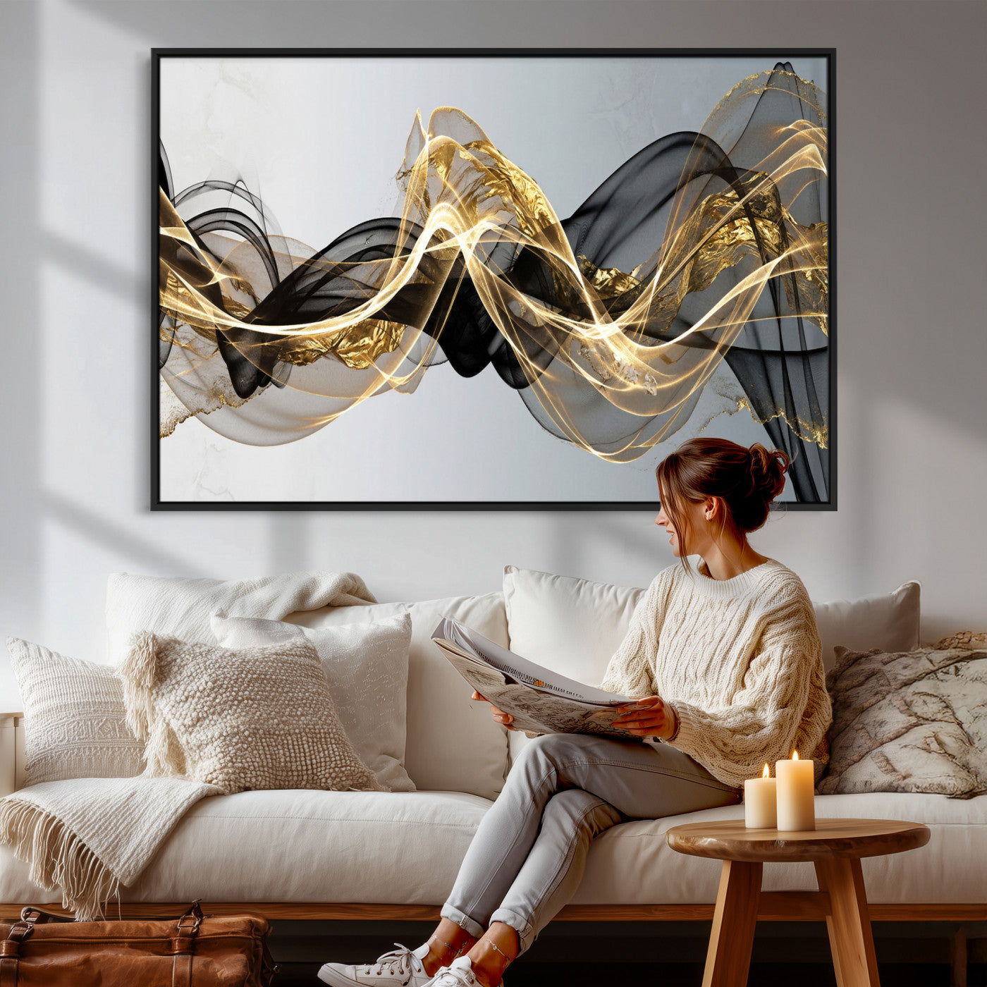 79483321DL-MGV-CV-36X24 - Black and Gold Abstract Wall Art, Modern Wave Canvas Print, Elegant Flowing Smoke Art, Luxury Living Room Decor