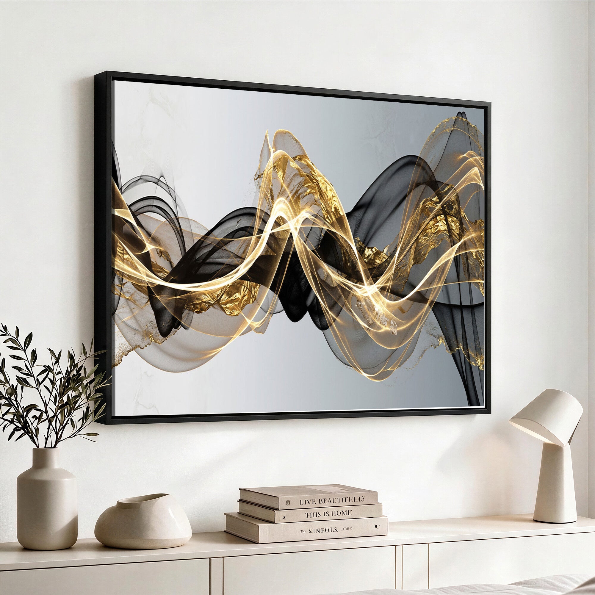 79483321DL-MGV-CV-36X24 - Black and Gold Abstract Wall Art, Modern Wave Canvas Print, Elegant Flowing Smoke Art, Luxury Living Room Decor