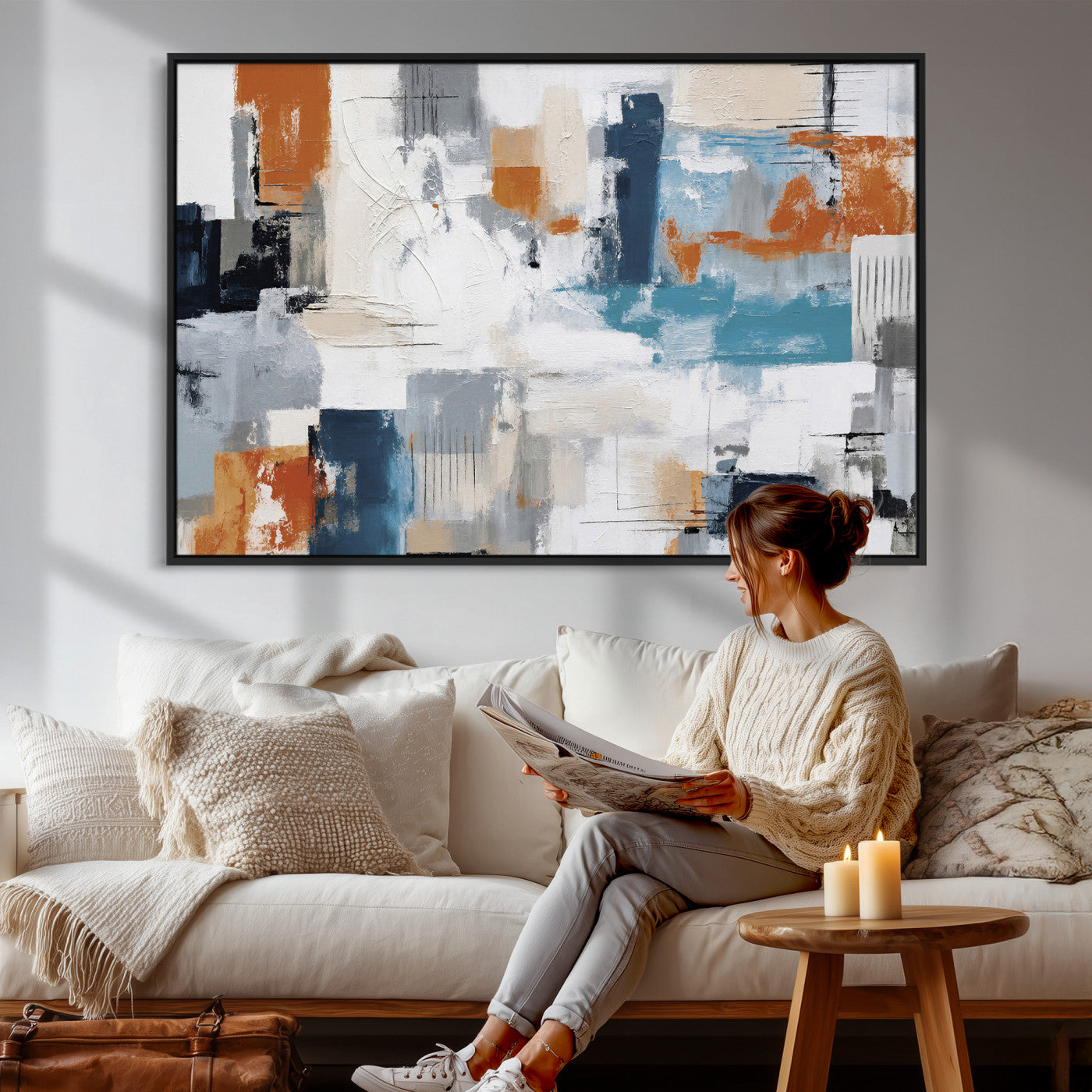 44950303-MGV-CV-36X24 - Blue Teal Abstract Canvas Wall Art, Modern Textured Painting Print, Navy Orange White Contemporary Art, Neutral Living Room Decor, Office Art