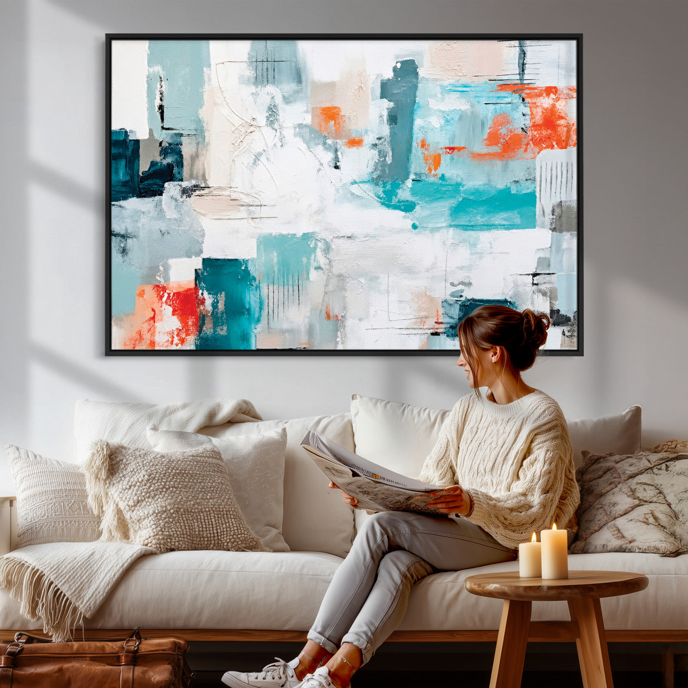 98638479-MGV-CV-36X24 - Blue Teal Abstract Canvas Wall Art | Modern Textured Painting Print, Navy Orange White Contemporary Art, Neutral Living Room Decor, Office Art