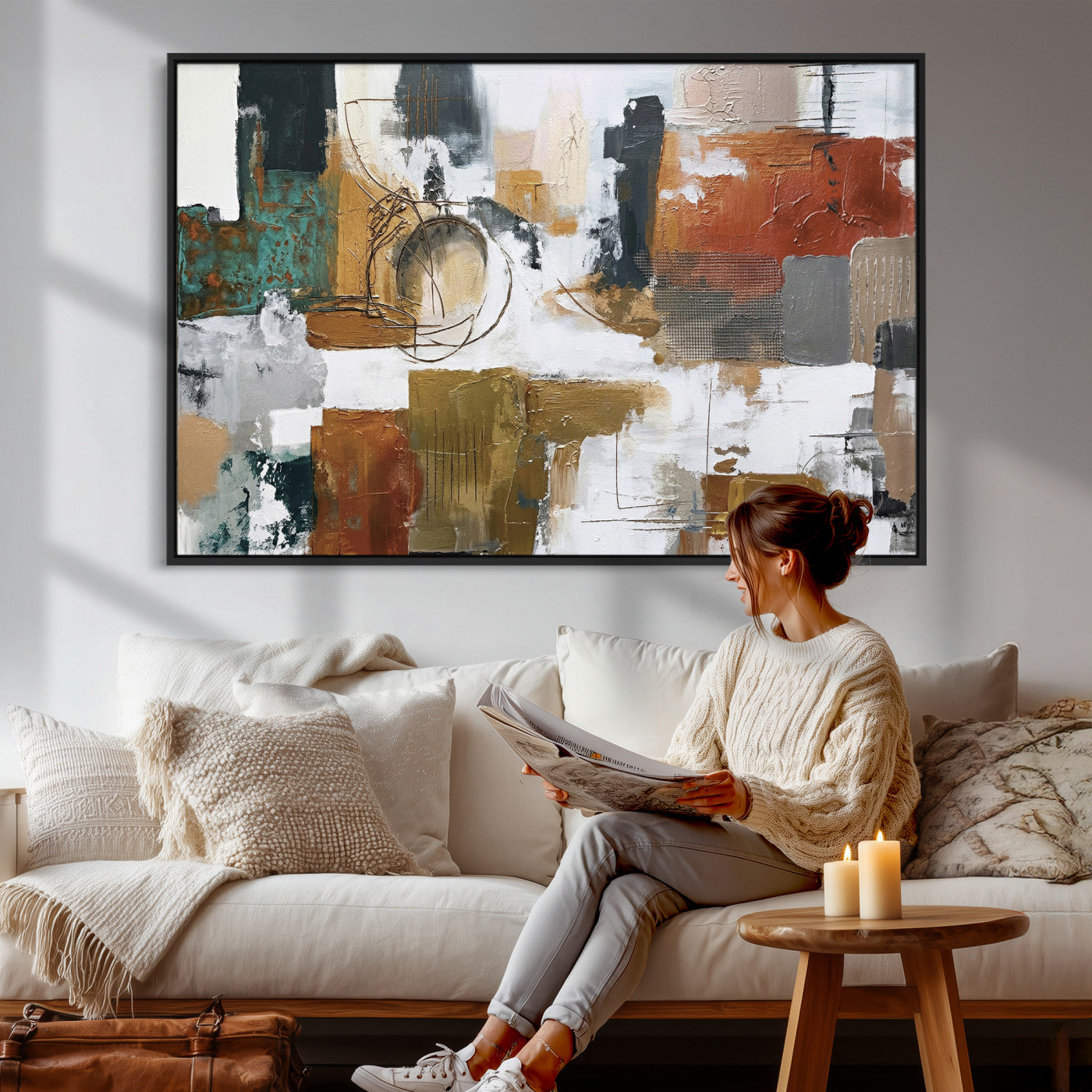 50720312-MGV-CV-36X24 - Blue Teal Abstract Canvas Wall Art, Modern Textured Painting Print, Navy Orange White Contemporary Art, Neutral Living Room Decor, Office Art