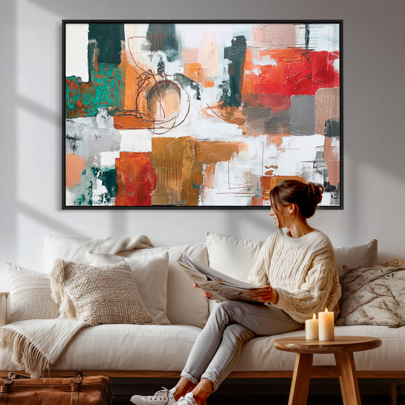 50720312-MGV-CV-36X24 - Blue Teal Abstract Canvas Wall Art | Modern Textured Painting Print, Navy Orange White Contemporary Art, Neutral Living Room Decor, Office Art.