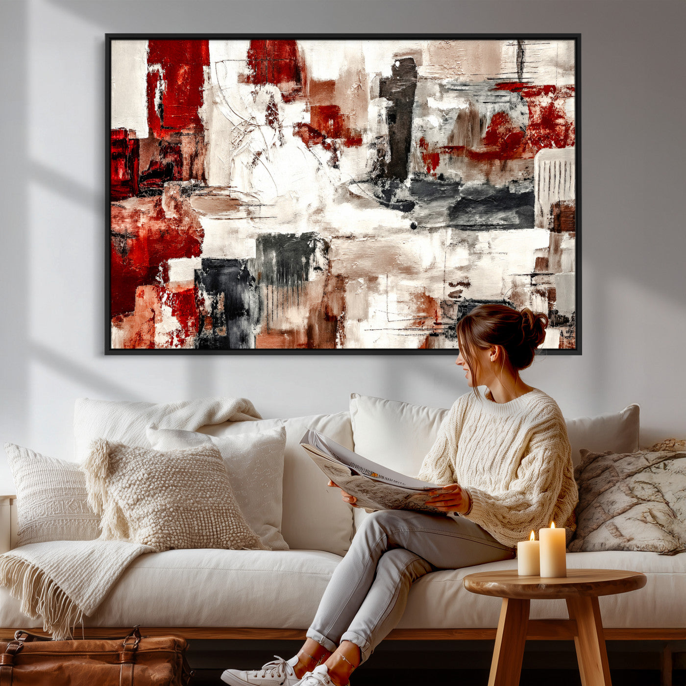 53022468-MGV-CV-36X24 - Blue Teal Abstract Canvas Wall Art, Modern Textured Painting Print, Navy Orange White Contemporary Art, Neutral Living Room Decor, Office Art
