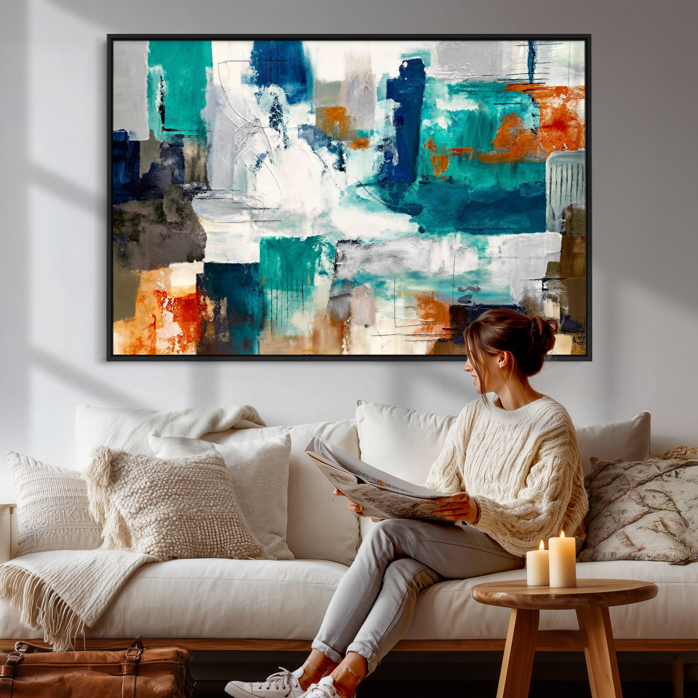44038089-MGV-CV-36X24 - Blue Teal Abstract Canvas Wall Art, Modern Textured Painting Print, Navy Orange White Contemporary Art, Neutral Living Room Decor, Office Art