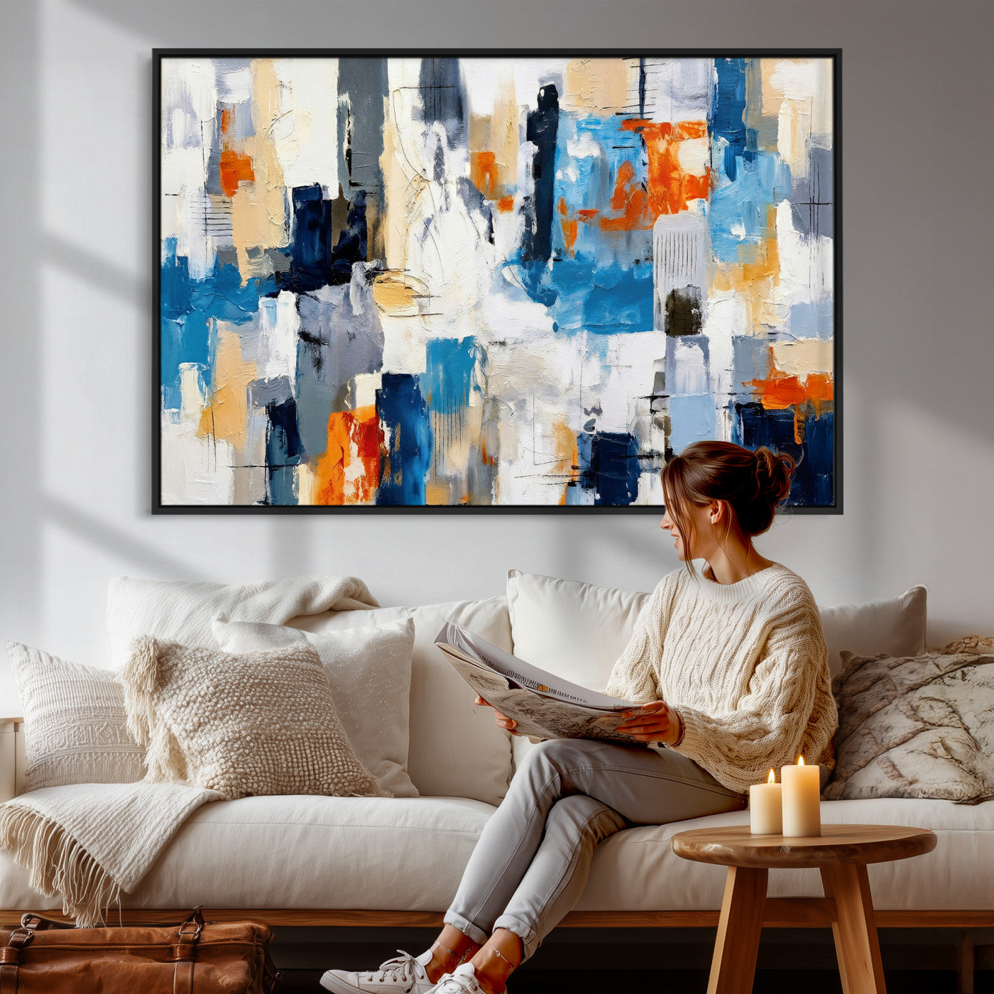 83915061-MGV-CV-36X24 - Blue Teal Abstract Canvas Wall Art, Modern Textured Painting Print, Navy Orange White Contemporary Art, Neutral Living Room Decor, Office Art