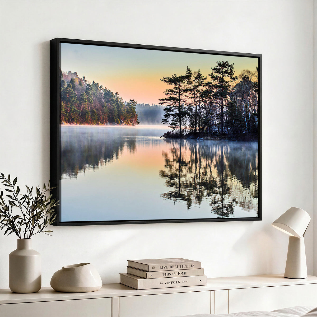 34236027-MGV-CV-36X24 - Before People Wake Canvas Wall Art Print, Misty Lake Sunrise Landscape, Forest Reflection Nature Decor, Ready to Hang