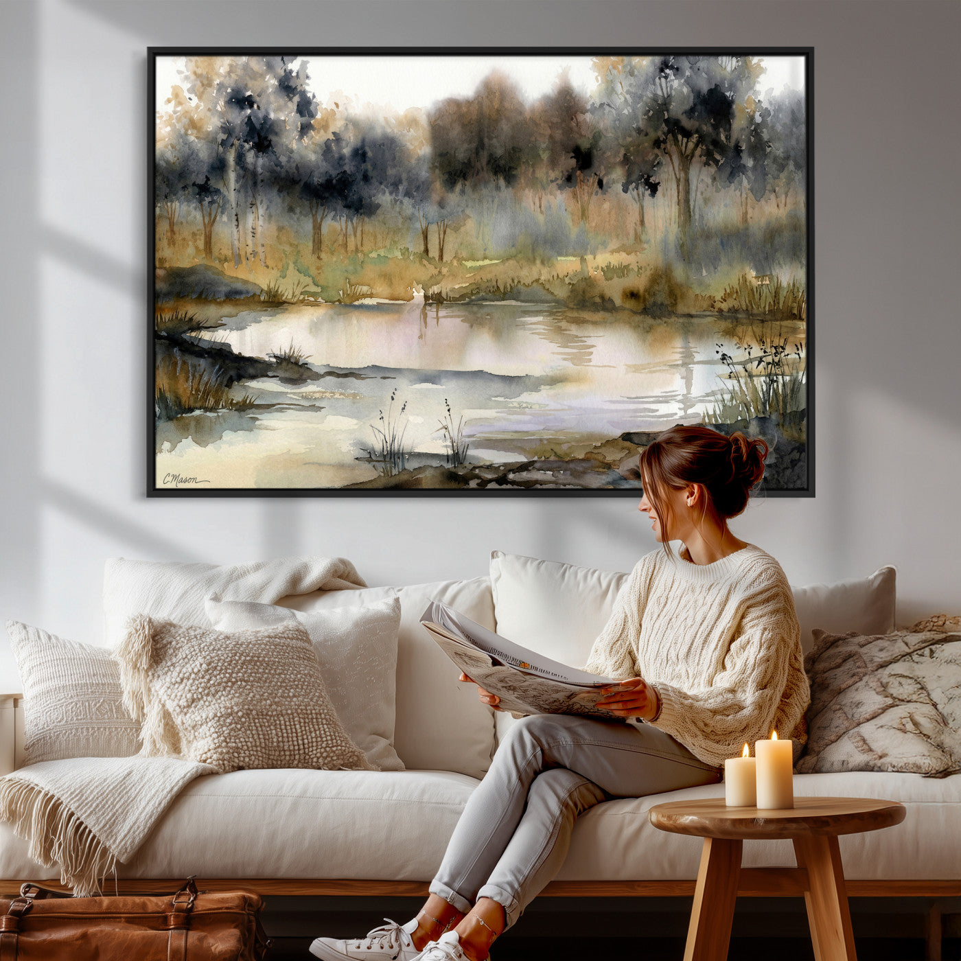 27383609-MGV-CV-36X24 - Abstract WatercolorAutumn Lake Canvas Wall Art Print, Misty Forest Landscape, Rustic Nature Painting, Cabin Wall Decor, Ready to Hang