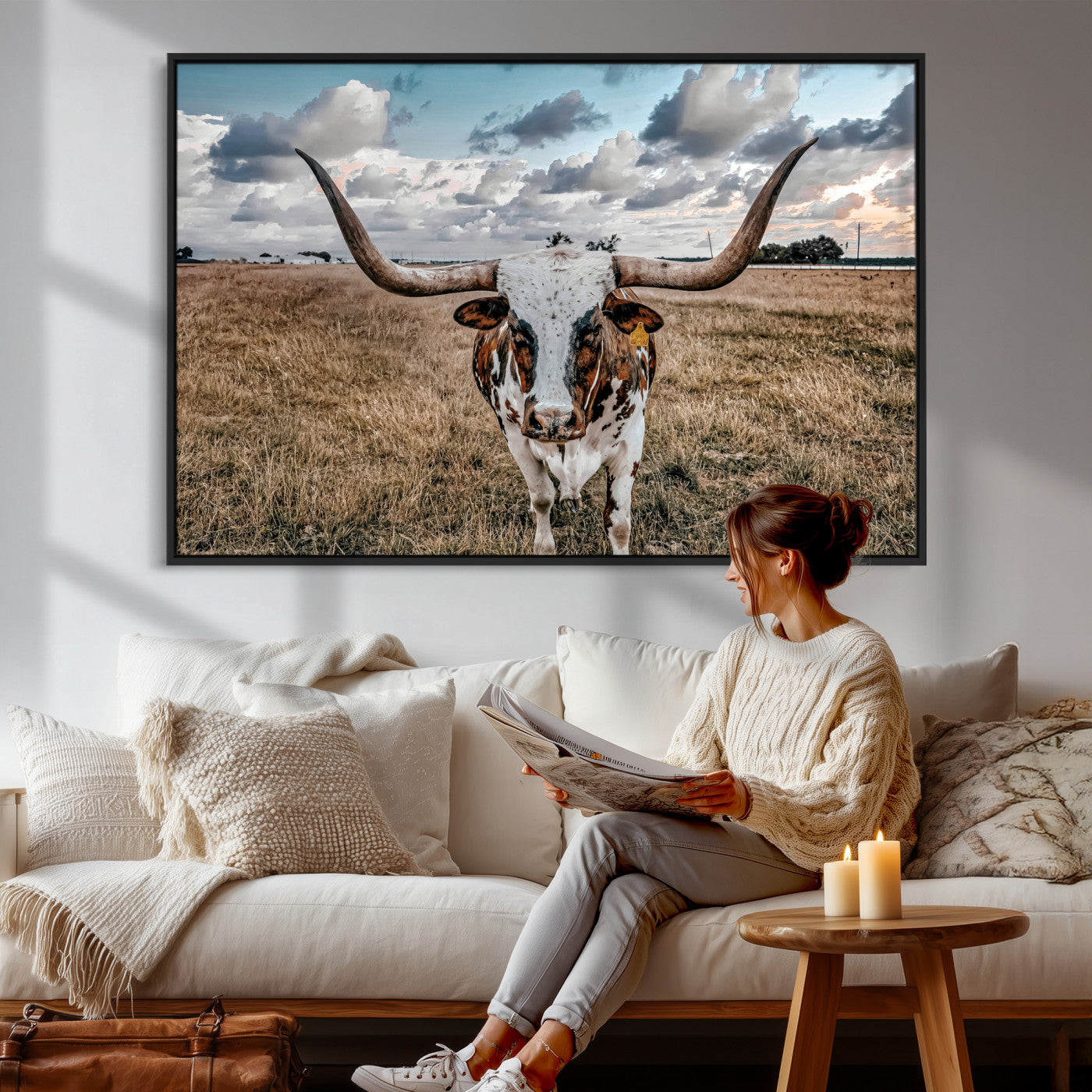 17464823-MGV-CV-36X24 - Texas Longhorn Canvas Wall Art Print, Western Cow Photography, Rustic Ranch Decor, Farmhouse Wall Art, Ready to Hang