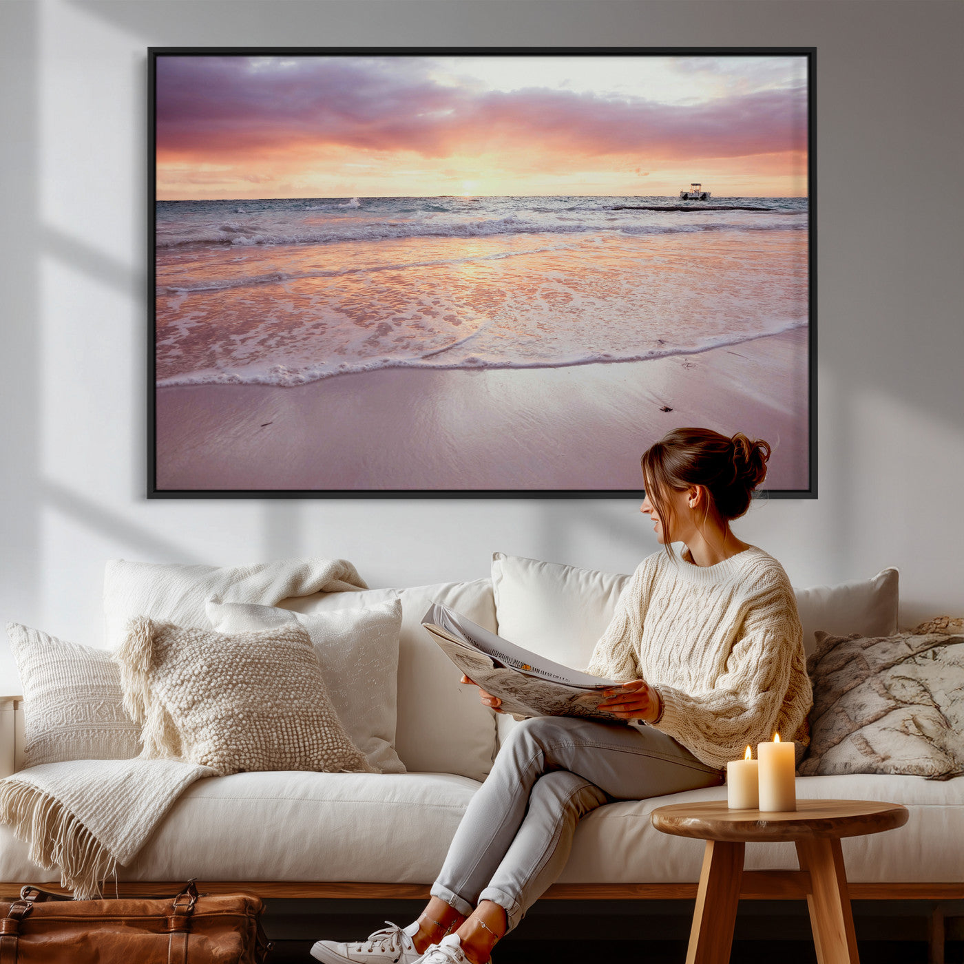 44765395-MGV-CV-36X24 - Beach Sunset Canvas Wall Art Print, Ocean Waves Landscape, Coastal Photography, Seascape Wall Decor, Ready to Hang