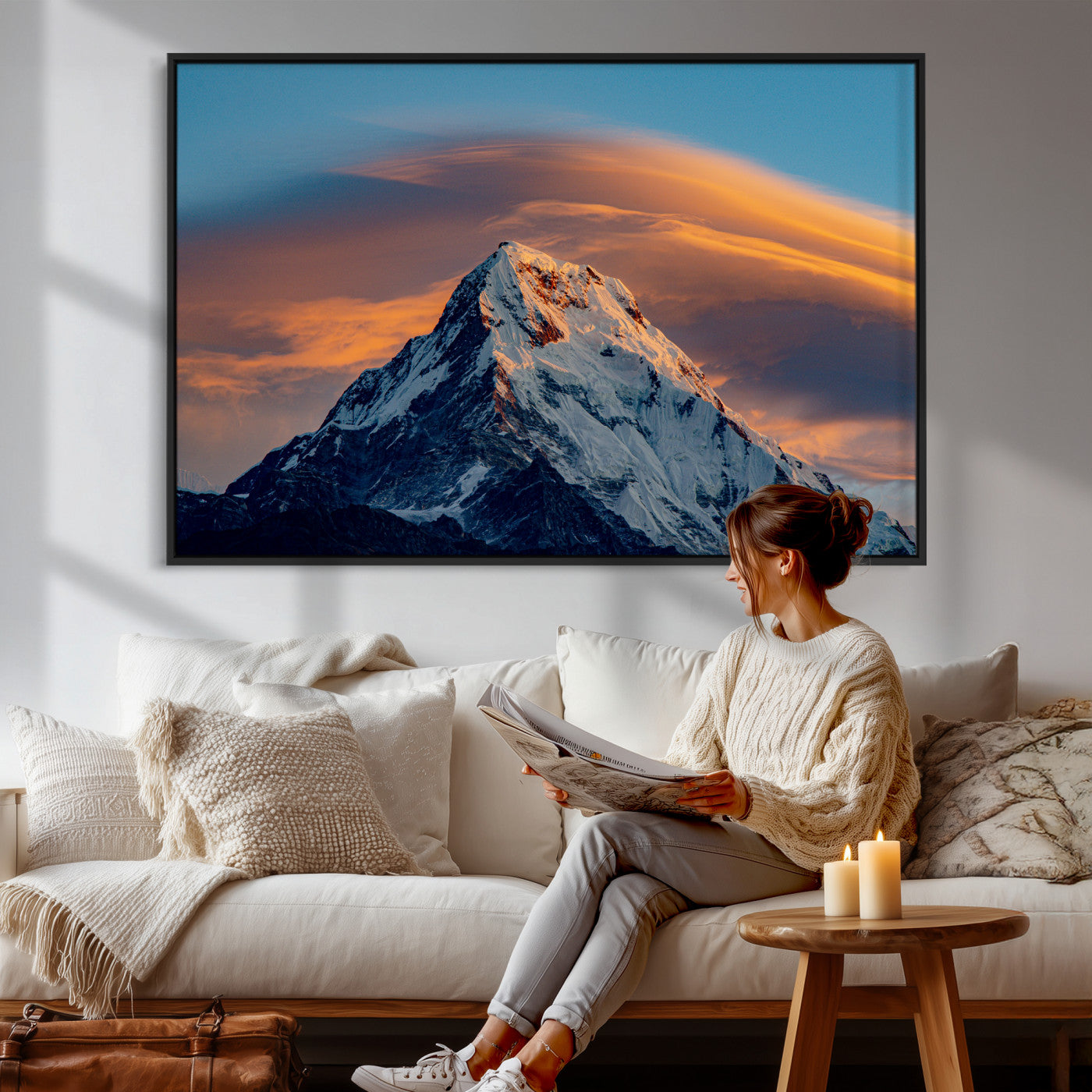 73810927-MGV-CV-36X24 - Snow Mountain Canvas Wall Art Print, Alpine Peak Landscape, Winter Nature Photography, Large Mountain Decor, Ready to Hang