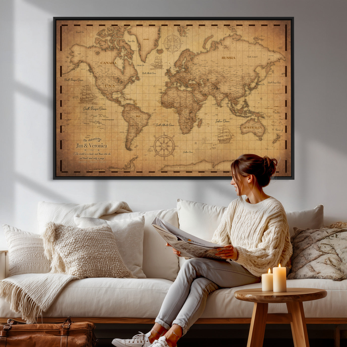 55328610-MGV-CV-36X24 - Personalize Push Pin World Map Wall Art Print - Vintage Travel Map Canvas, Custom Names Anniversary Gift, Places Visited Pin Board