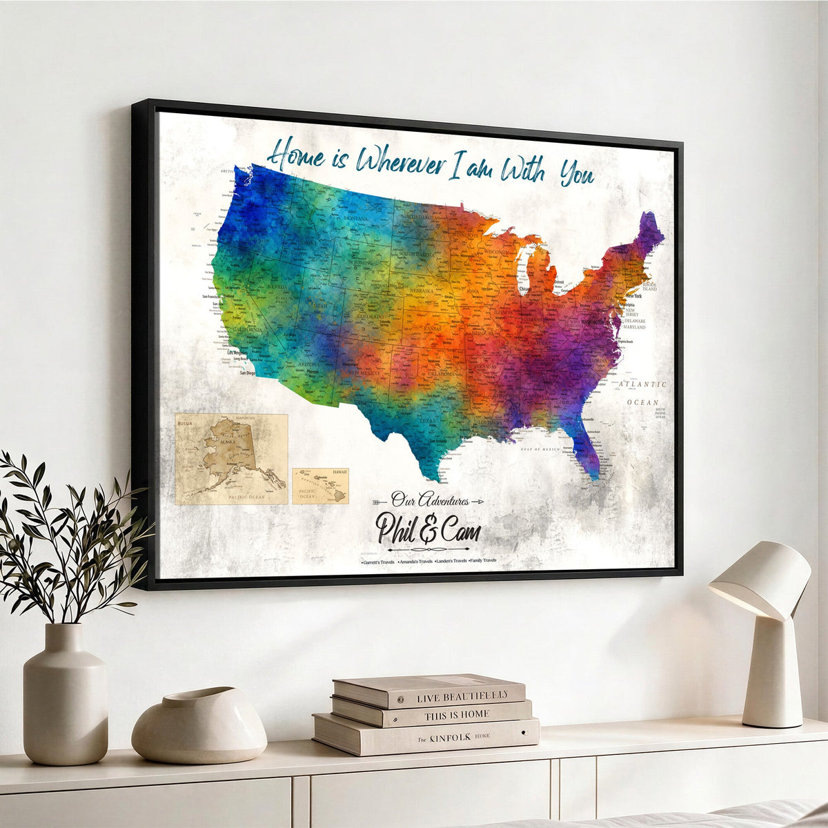 17251793-MGV-CV-36X24 - Watercolor USA Travel Map with Pins Colorful Modern Canvas Wall Art