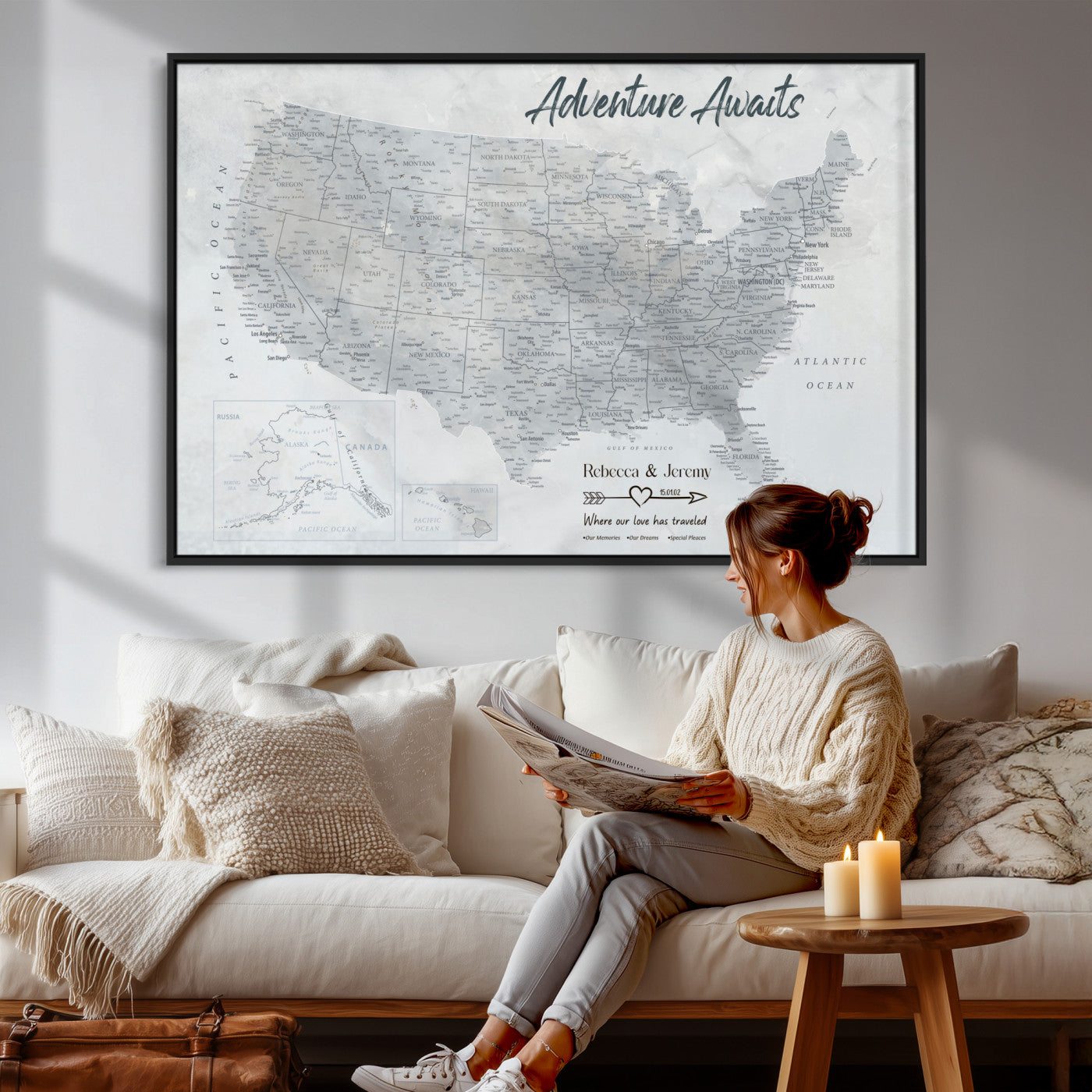 66120672-MGV-CV-36X24 - Personalized America Push Pin Travel Map Canvas Wall Art for Custom Family Gift