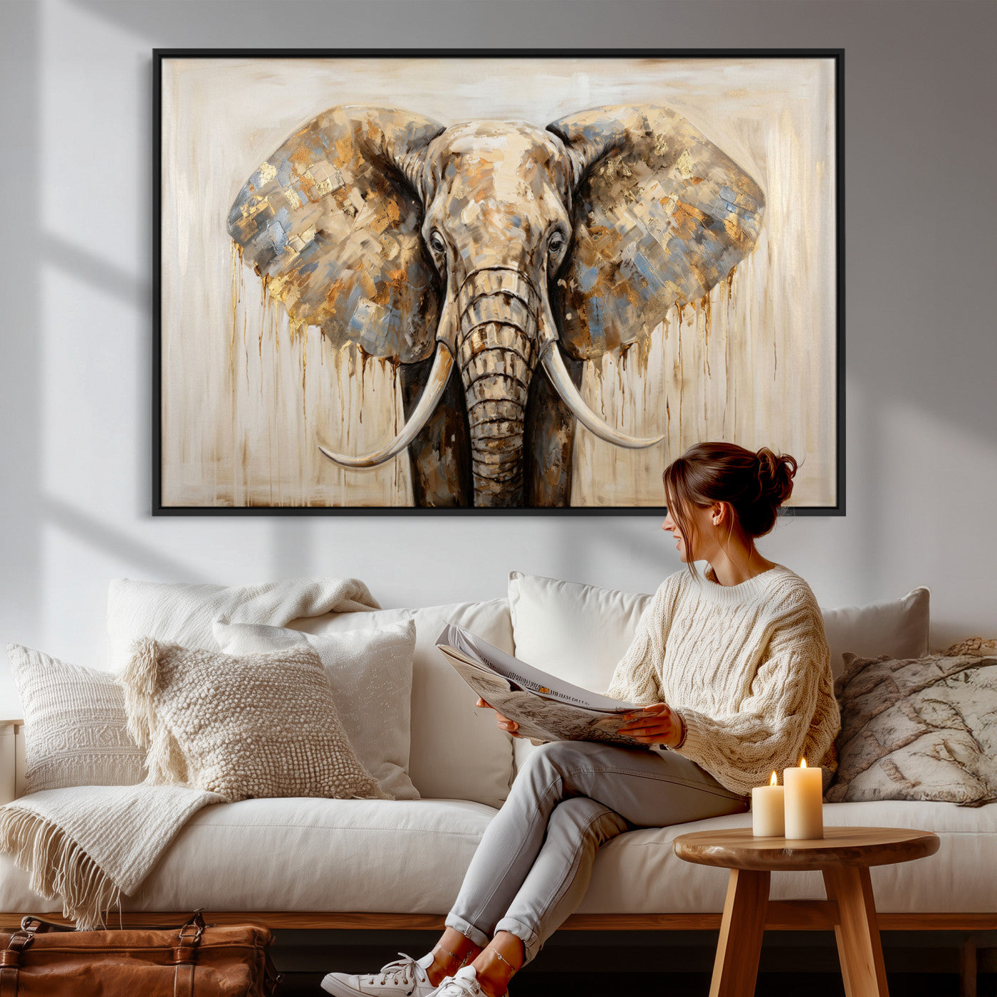 95819221-MGV-CV-36X24 - Gold Leaf Elephant Canvas Wall Art Abstract African Wildlife Painting Print