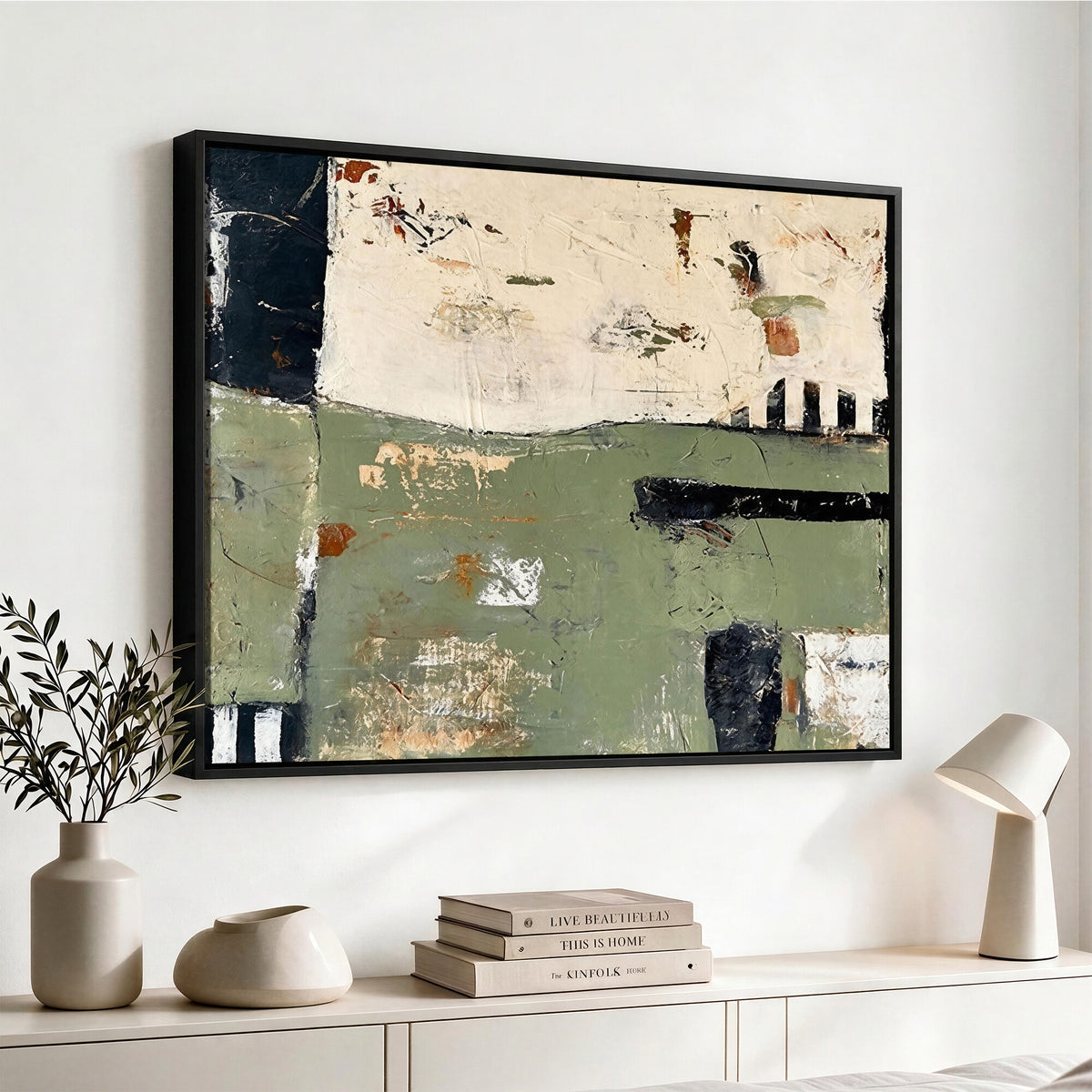 77942087-MGV-CV-36X24 - Sage Green Abstract Geometric Landscape Wall Art Canvas Print, Modern Minimalist Decor