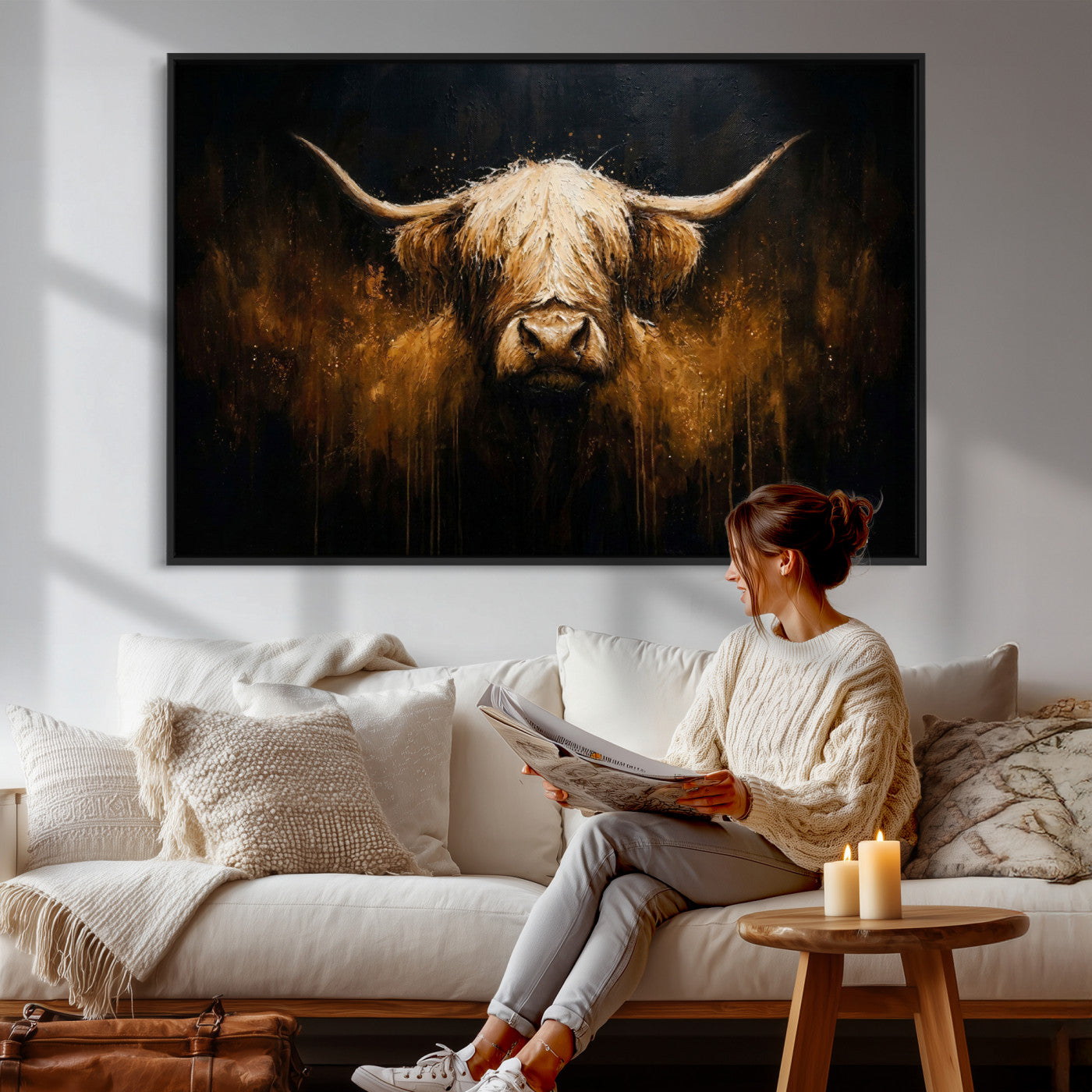 79873059-MGV-CV-36X24 - Rustic Highland Cow Canvas Print Dark Farmhouse Cattle Wall Decor
