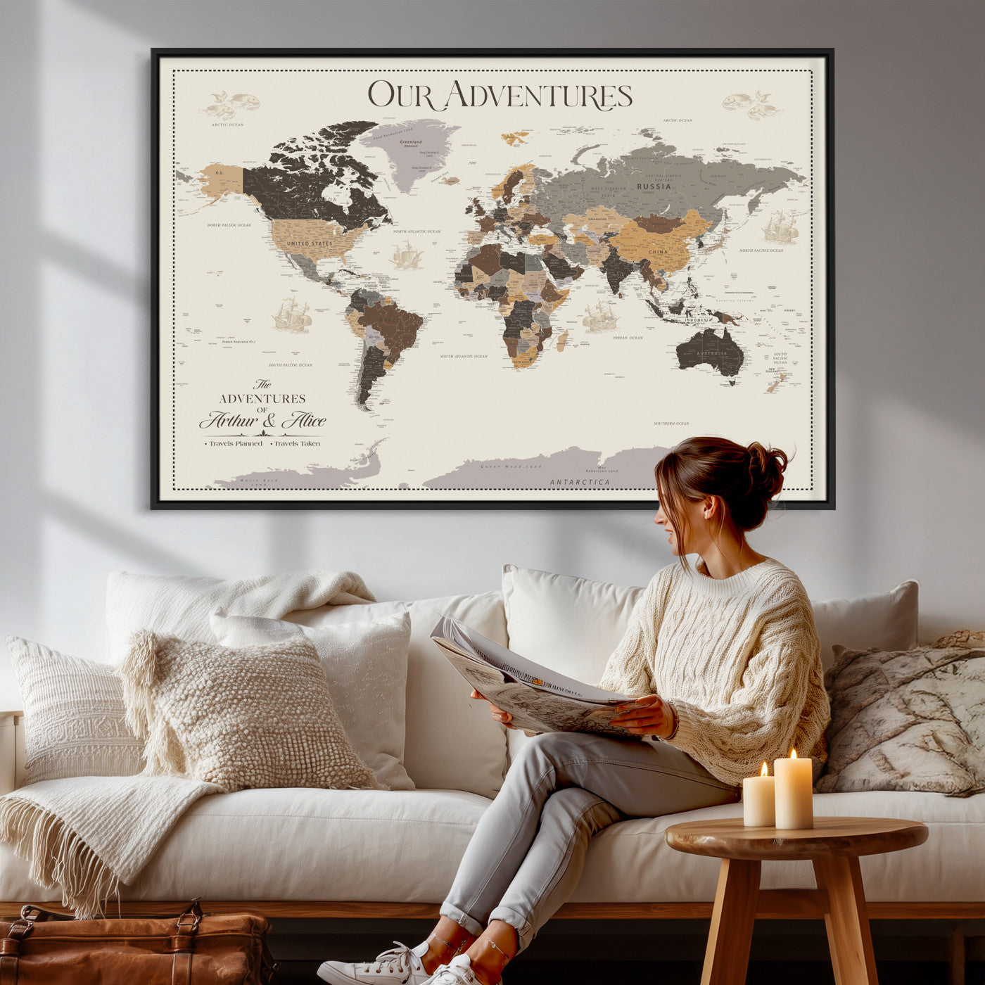 58777746A-MGV-CV-36X24 - Push Pin Customize World Map Wall Art Canvas Print, Modern Decorative Framed Map Artwork Prints for Living Room, Office, Bedroom Wall Decor