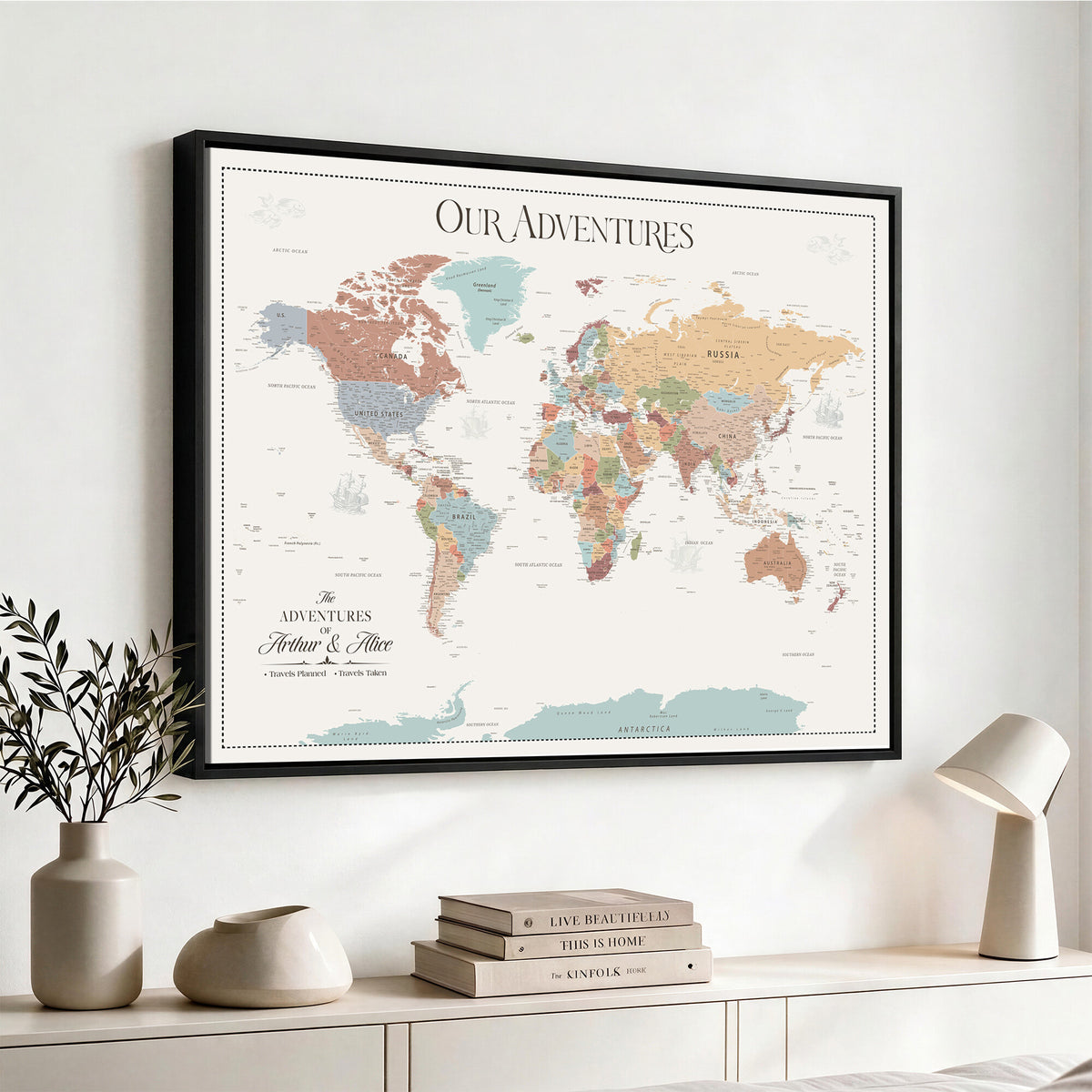 NEWMAP-4-MGV-CV-36X24 - Custom World Travel Map Wall Art with Pins, Places Visited Tracker, Family Room and Bedroom Decor