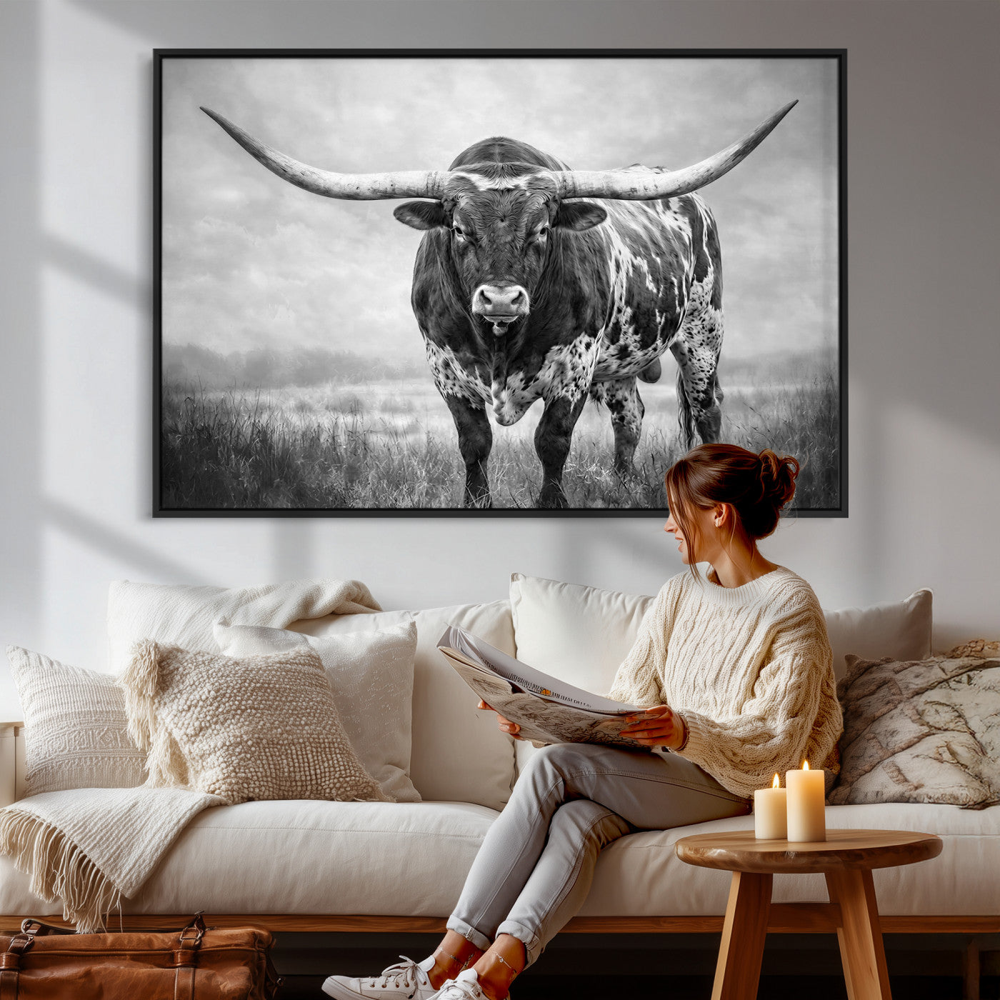 11121585-MGV-CV-36X24 - Texas Bull Wall Art Canvas Print for Farmhouse Restaurant Wall Decor
